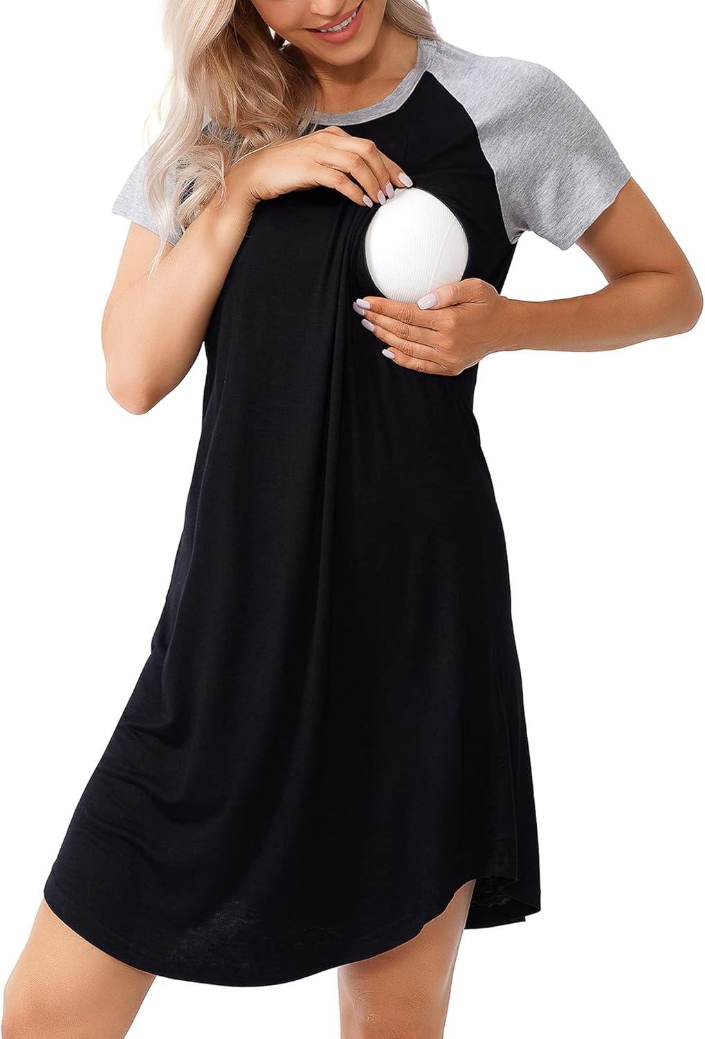 Women'S Maternity Dress Nursing Nightgown Breastfeeding Full Slips Sleepwear Black-Light Grey S