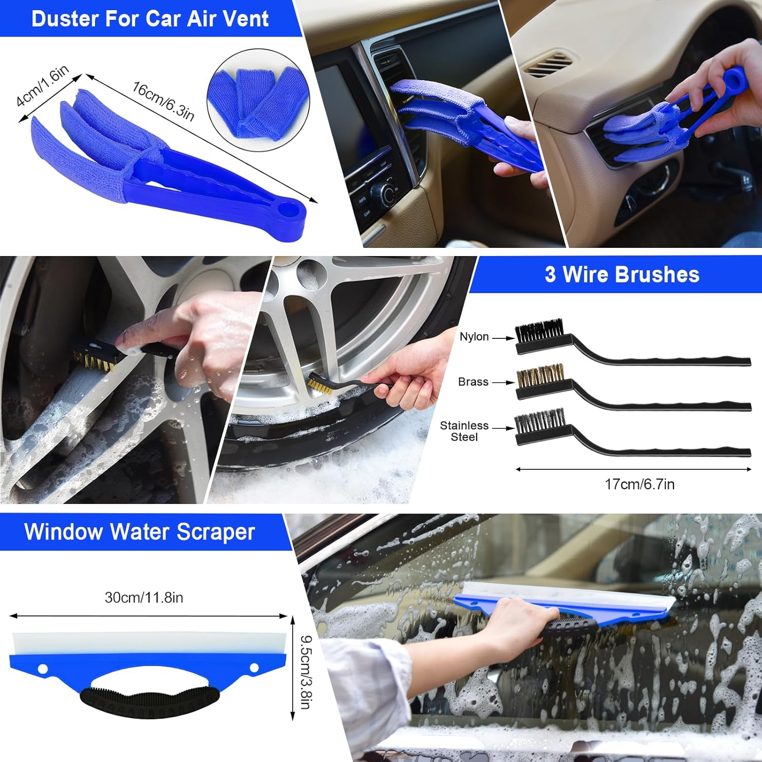 Car Cleaning Set, 20 Pieces Car Care Set, Car Detailing Brush, Car Wash Set for Car Cleaning Interior and Exterior, Air Vent, Dashboard, Engine, Wheels, Household Cleaning, Blue image number 3