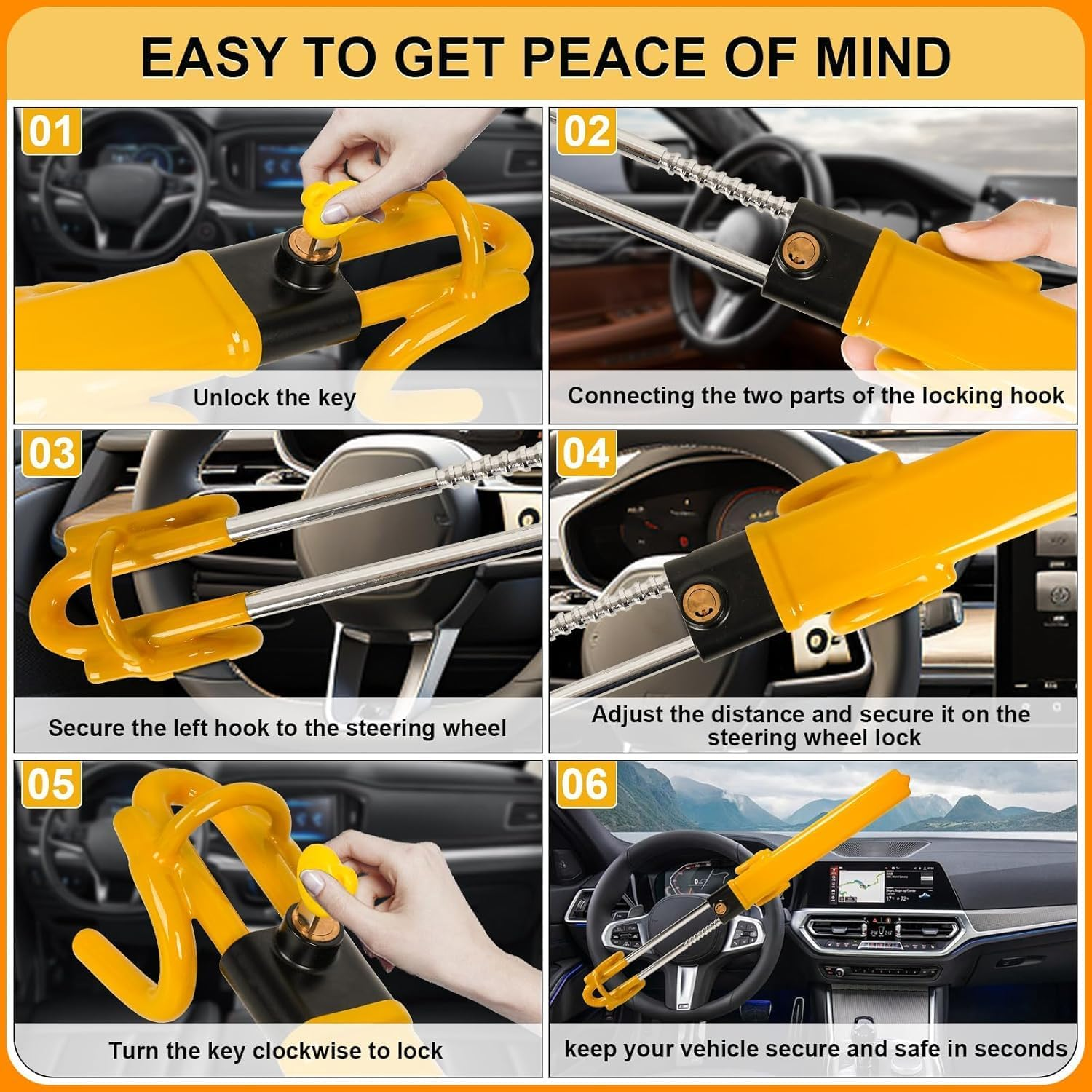 Steering Wheel Lock,Car Steering Wheel Lock,Theft Heavy Duty Secure Car Device,Adjustable Steering Lock,Double Hook Locks with 2 Keys for Cars, Suvs, Vans and Trucks image number 2