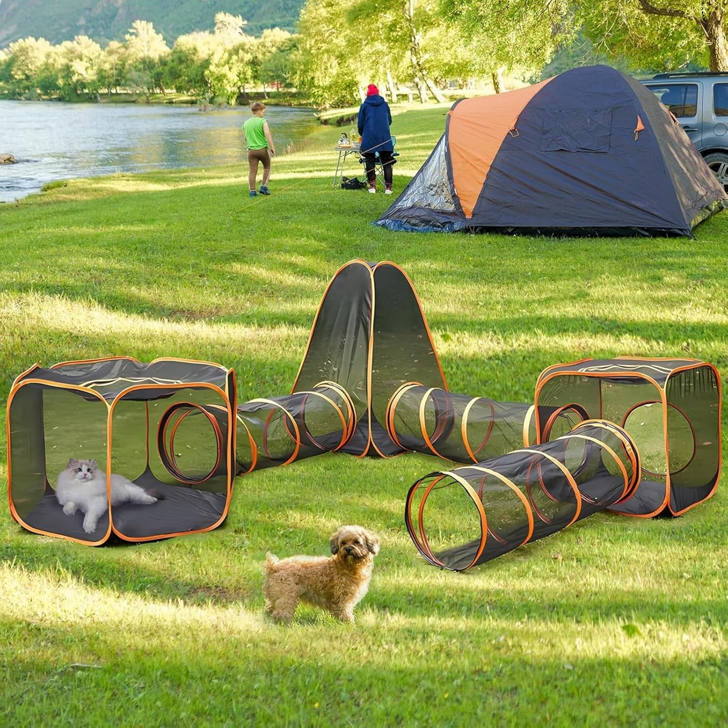 Outdoor Cat Enclosures - 6-In-1 Pop up Tent with Tunnels for Outdoor Pets, Portable Playpen for Cats, Rabbits, Puppy and Small Animals
