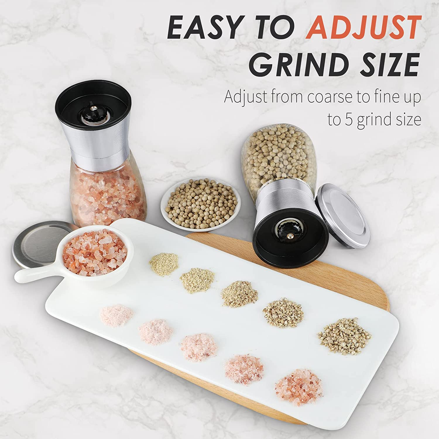 Salt and Pepper Grinder Set - Refillable Grinder Adjustable Coarseness of Pepper Salt Spice Stainless Steel Mills Glass 6Oz（2 Pack） - Silver1 image number 5