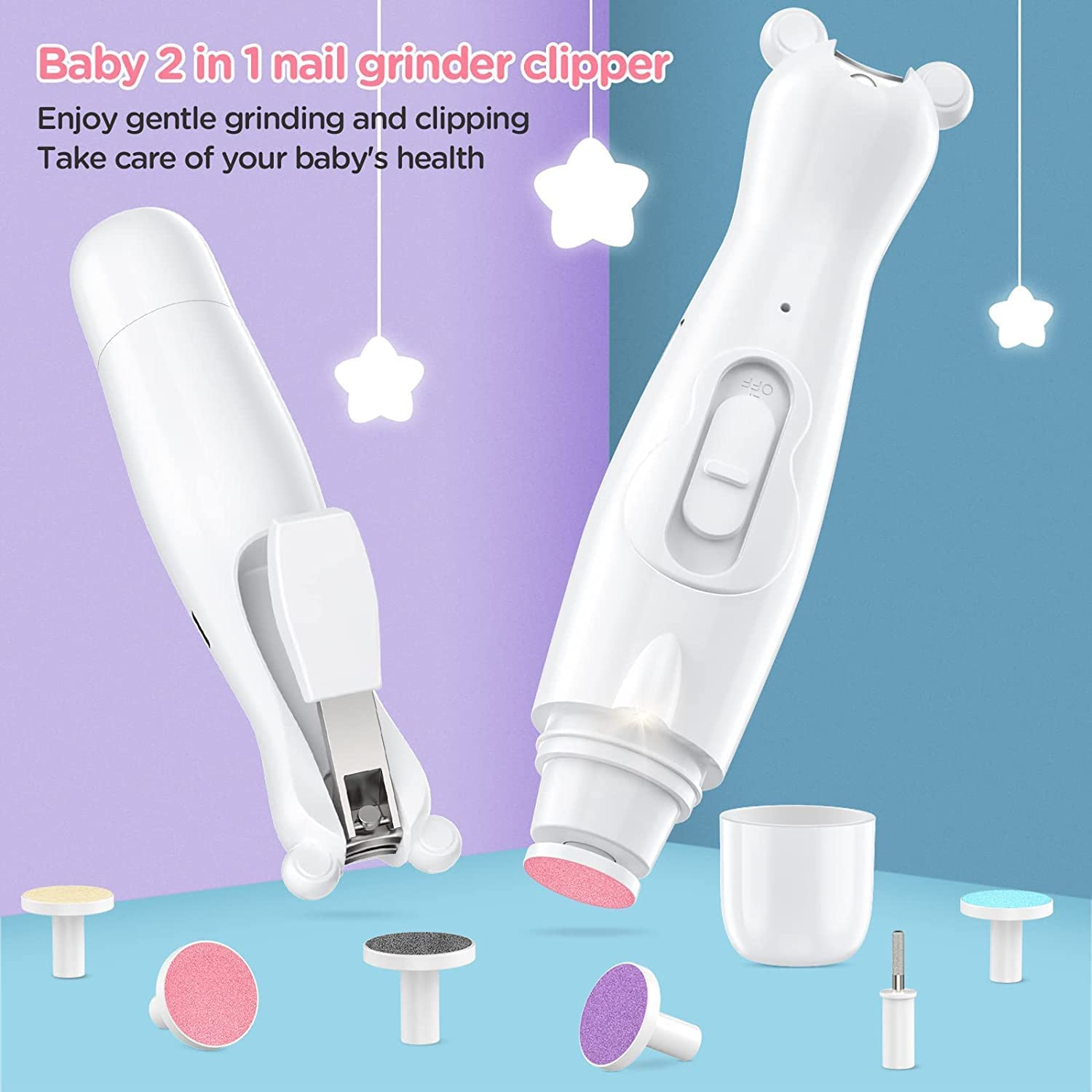 Electric Baby Nail File Trimmer, 2 In1 Rechargeable Baby Nail Clipper Baby Nail File Set with LED Light & 6 Grinding Heads, Care Trim Polish Toes and Fingernail Grooming Manicure Kit for Newborn, Toddler, Kids, Infant (White) image number 2