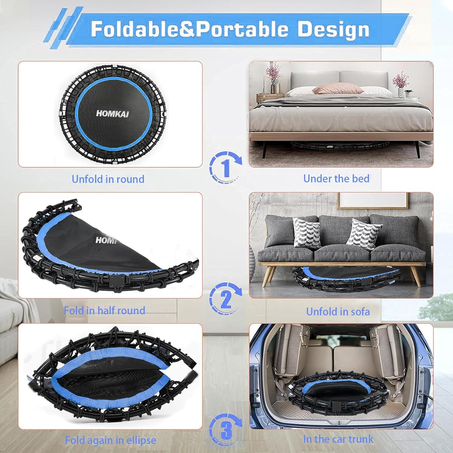 HOMKAI 48" Foldable Mini Trampoline Rebounder,Fitness Trampolines,T Shape Adjustable Foam Handle, Stable & Quiet Exercise Rebounder for Kids Adults Indoor Outdoor Workout, Blue image number 1