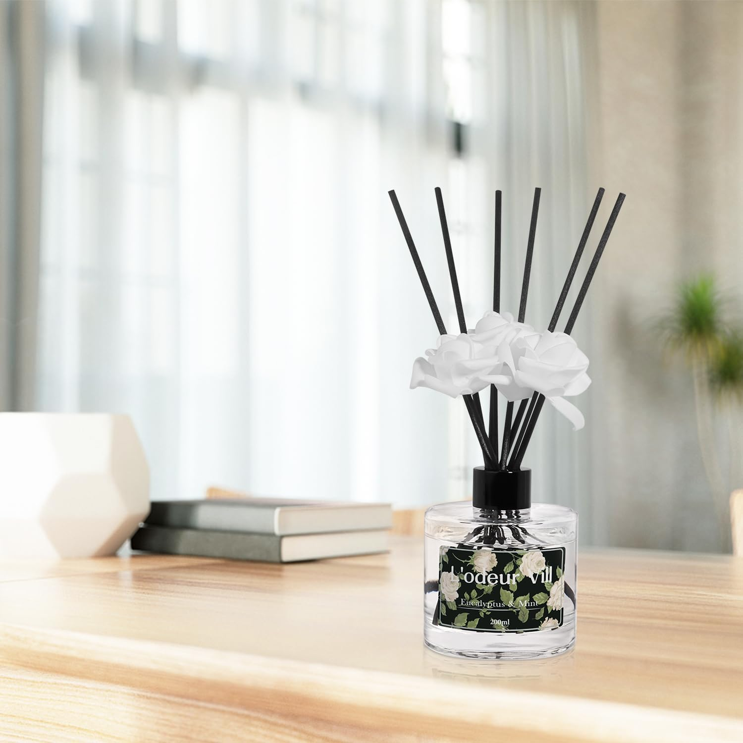 L'Odeur Vill Reed Diffuser Set, 6.7 Oz Eucalyptus & Mint Scented Diffuser with 6 Sticks, Reed Diffuser with 3 Artificial Rose Home Fragrance for Bathroom Shelf Decor image number 6