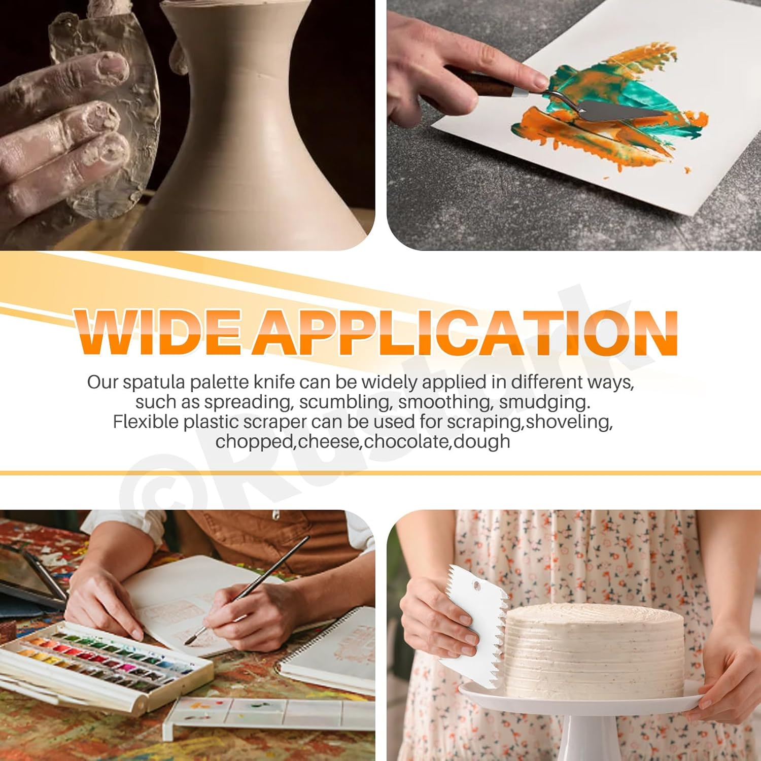 Rustark 21Pcs Purple Palette Knife Paint Scraper Set Includes 5Pcs Stainless Steel Palette Knives with 6Pcs Plastic Scrapers 10Pcs Hair and Bristle Brush Spatula Drawing Tool for Art Craft Painting - Purple image number 5