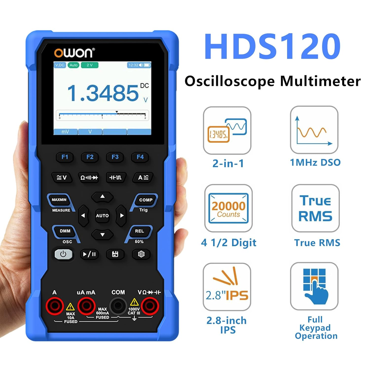 OWON HDS120 2 in 1 Oscilloscope + 4&frac12; Digit Multimeter 20000 Counts True RMS Tester 1Mhz 5Ms/S Automatic Range image number 2