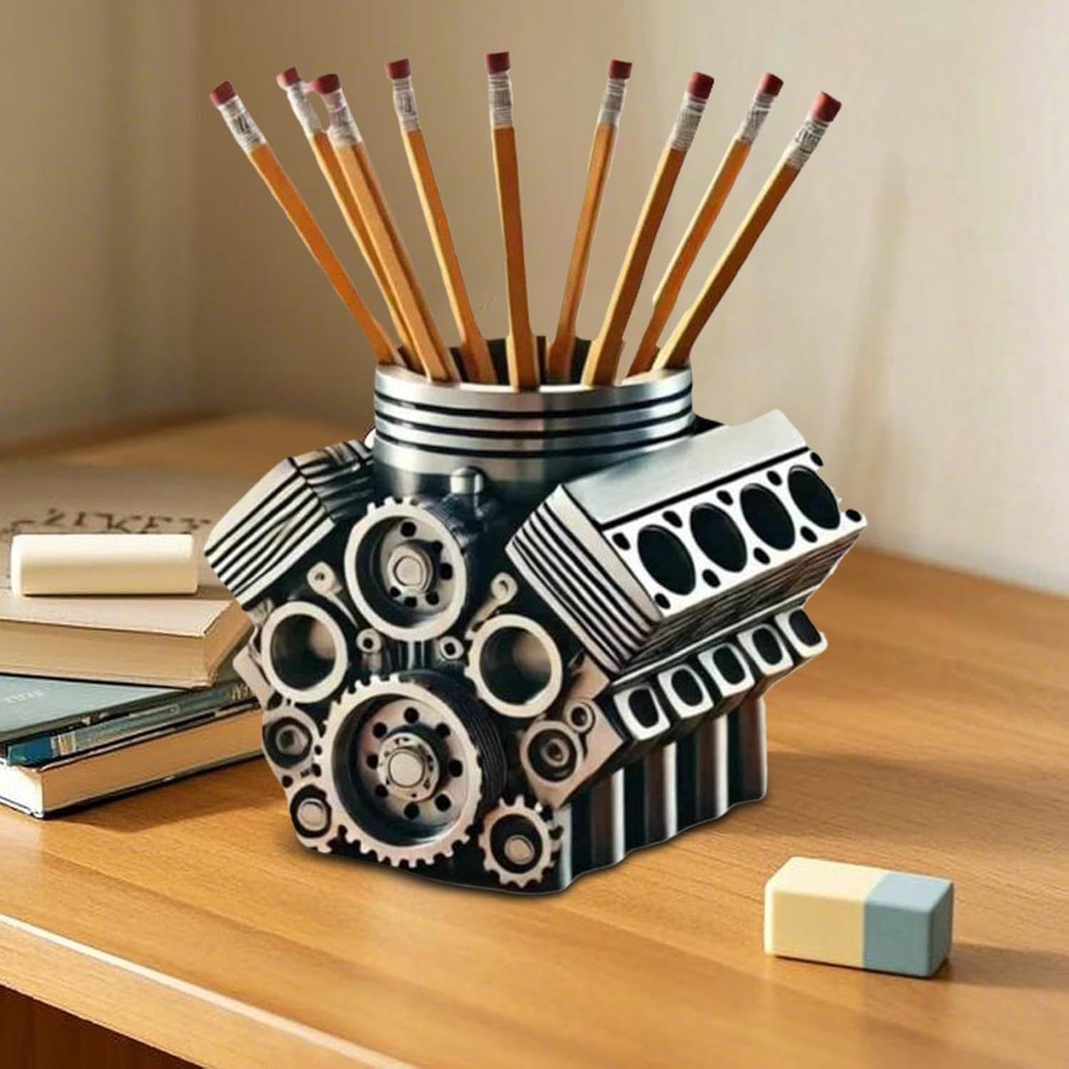 Engine Pencil Holder, Creative Pencil Holder, Stationery Storage, Mechanical Design Organizer, Supplies, Desk Accessory, Home Office Decor, 4.72X4.53X3.94 Inches image number 5