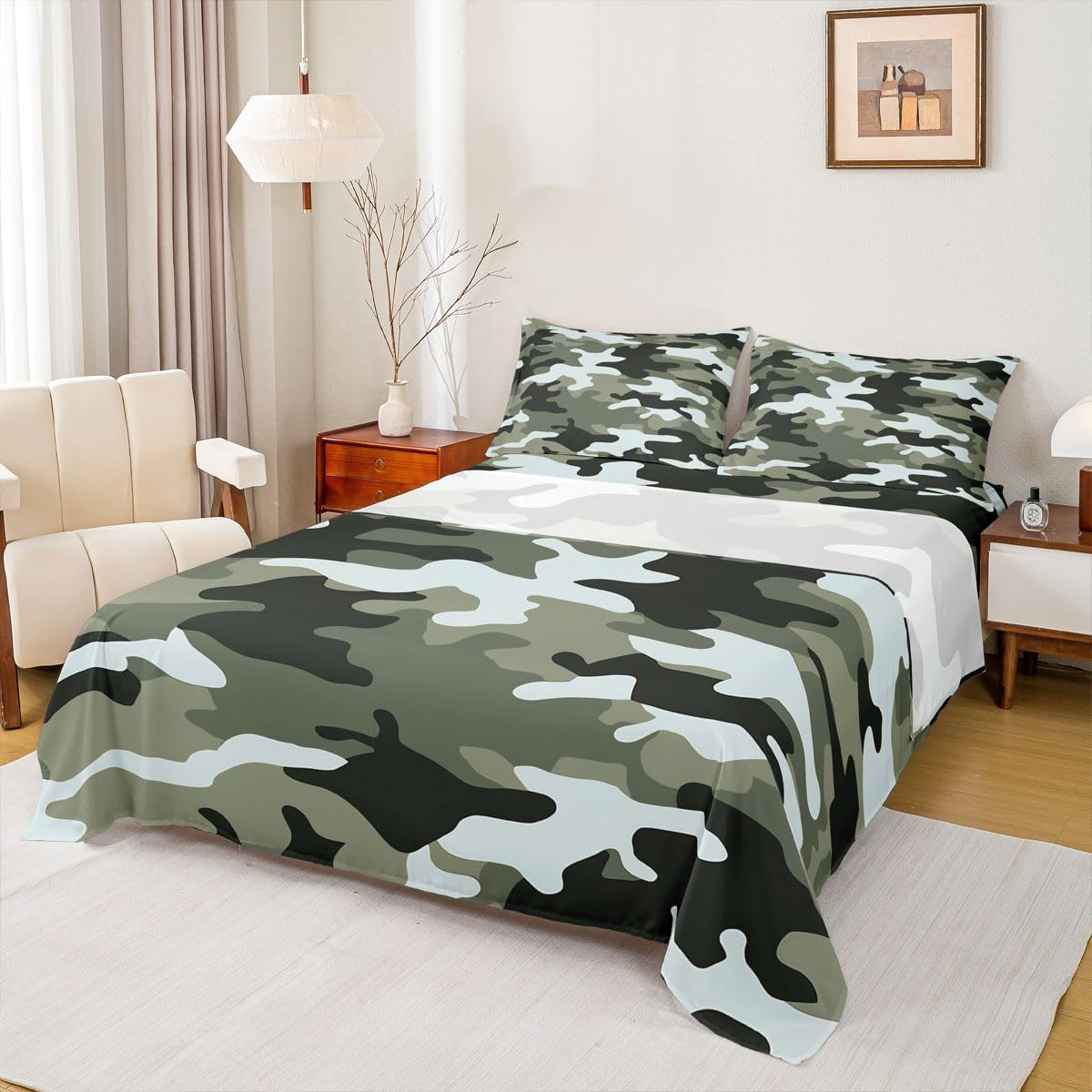 Boys Cartoon Camo Bed Sheet Queen Size Army Green Camouflage Bedding Set 4Pcs for Kids Men Youth Bedroom Decor Soldier Lover Deep Pocket Fitted Sheet Green Abstract Top Flat Sheet,2 Pillowcases