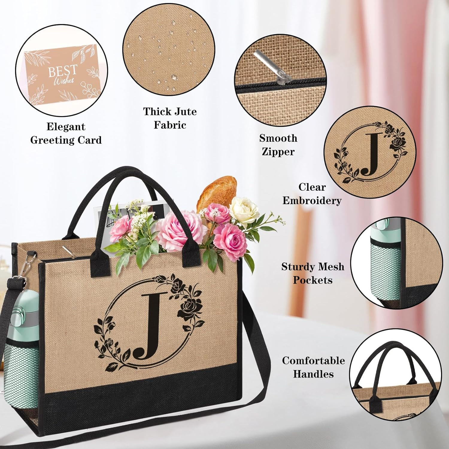 Personalized Gifts for Women, Initial Jute Tote Bag Monogrammed Beach Bag, Mothers Day & Birthday Gifts for Mom Women Friend image number 5