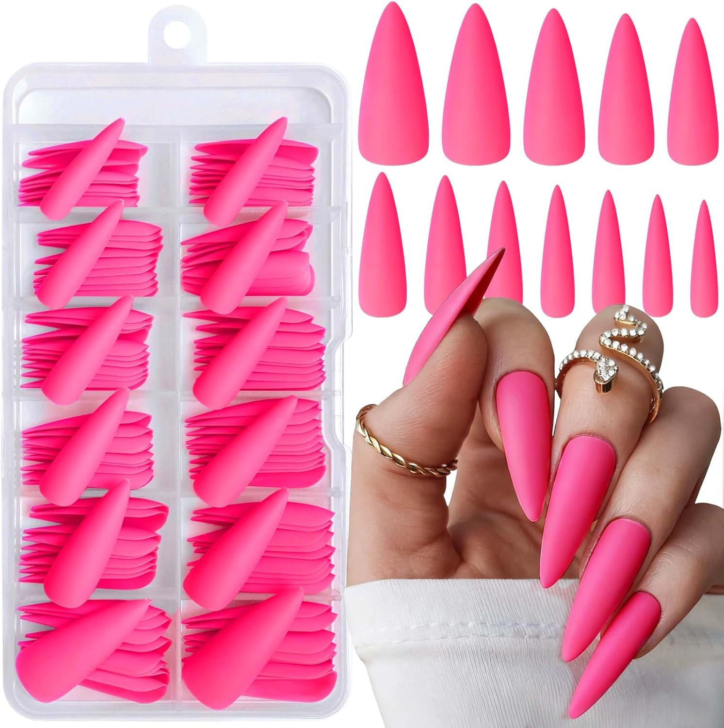 Loveourhome 100Pc Stiletto Press on Nails Long Matte Artificial False Nails Full Cover Acrylic Nail Tips Halloween Manicure Design Decor for Women Girls Salon Home DIY (Black)