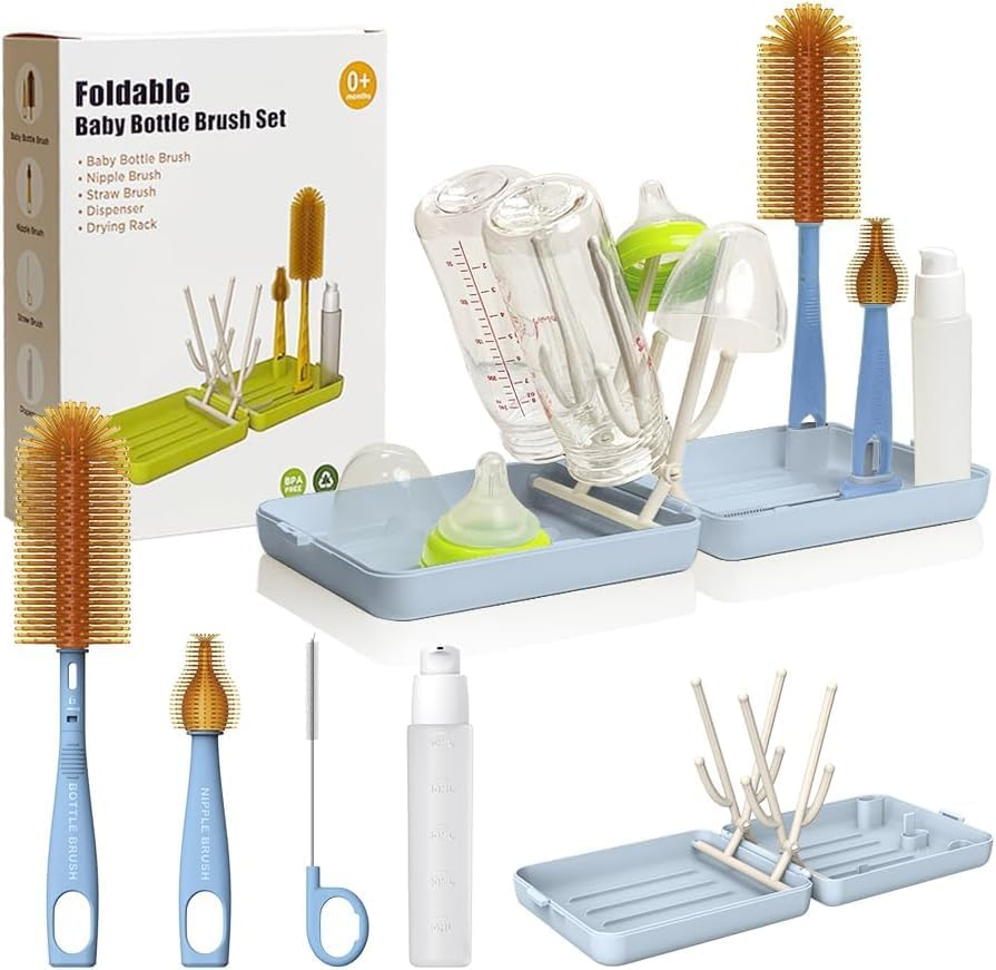 WADY Baby Bottle Brush Kit - Stable Bottle Cleaning Kit Easy to Use Baby Bottle Cleaning Tool Portable Traveling Bottle Cleaner Kit Versatile Baby Bottle Cleaner Brush Set for Babies (Blue) - Green image number 2