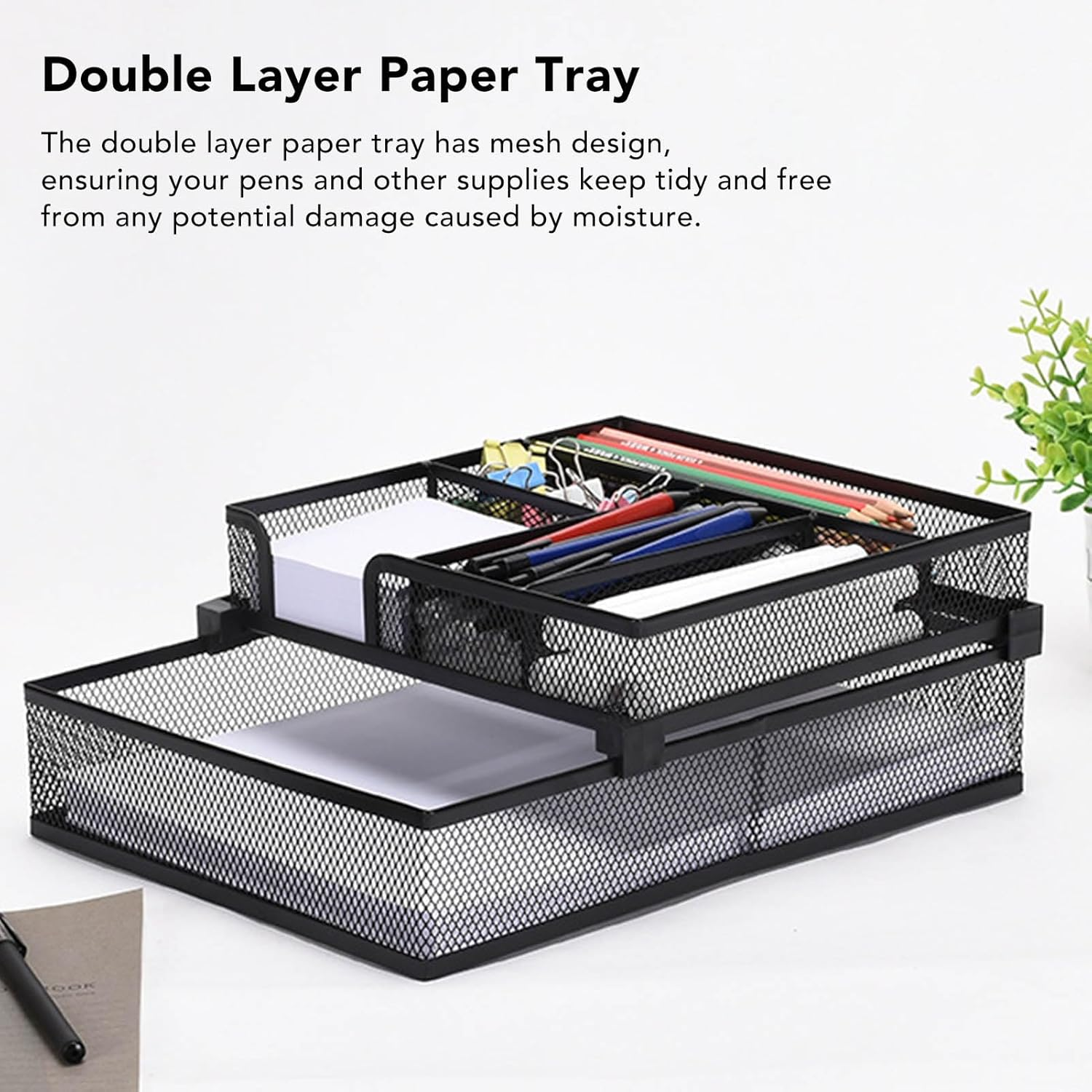 Baxnore Mesh Desk Organiser, Detachable Paper Tray Organizer, 2 Tier Paper Tray, Metal Paper Storage Tray, Multipurpose Paper Tray for Office Classroom image number 4