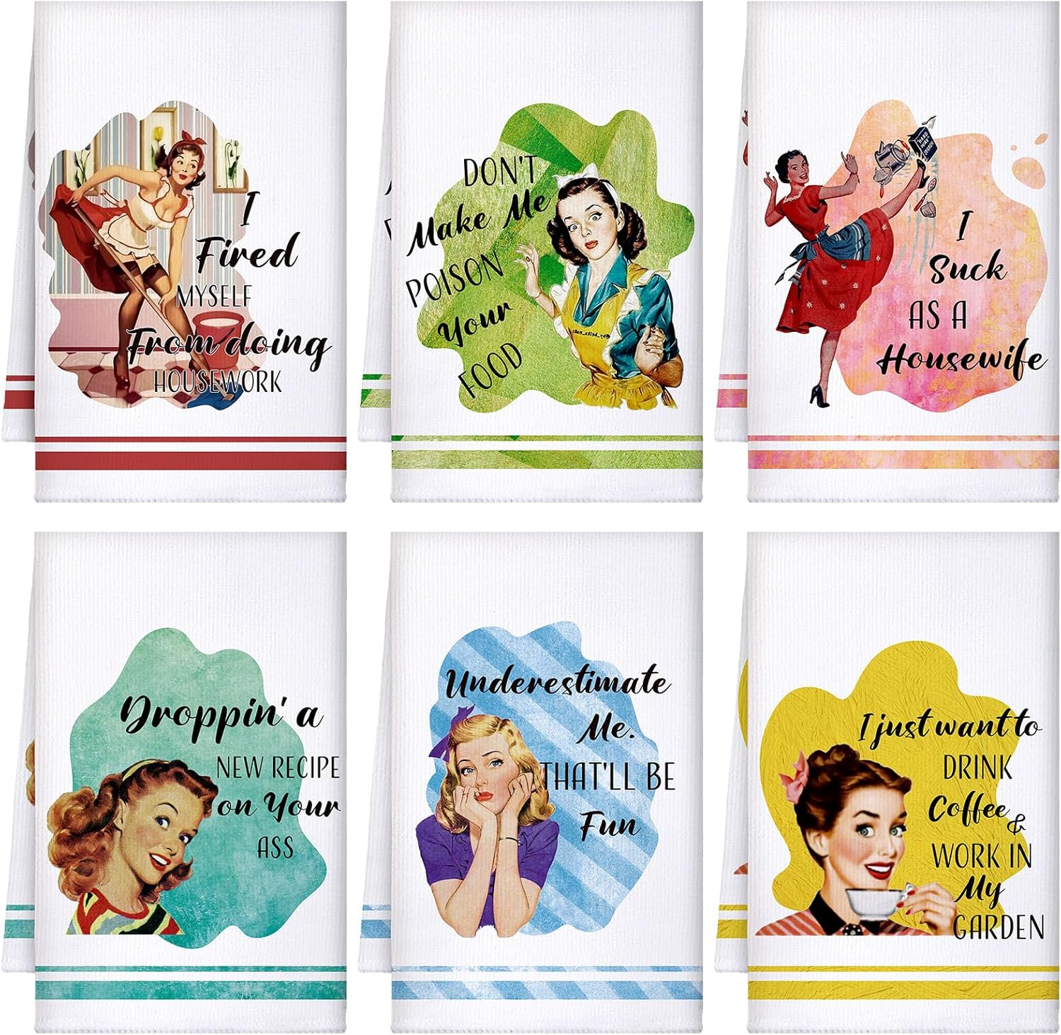 Vitalcozy 6 Pcs Funny Kitchen Towel Set Funny Housewife Dish Towel Farmhouse Rustic Bath Hand Towel for Holiday Christmas Bathroom Gift, 24 X 16 Inches