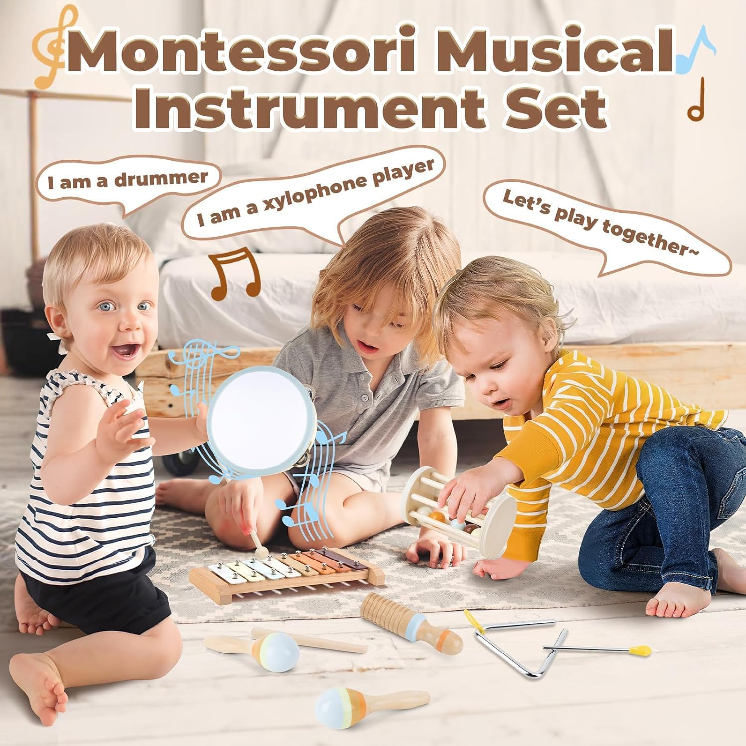 Kids Wooden Percussion Instruments Toy Set,7 in 1 Toddlers Montessori Musical Toys Music Enlightenment Percussion Toys Preschool Educational Music Toys for Boys Girls