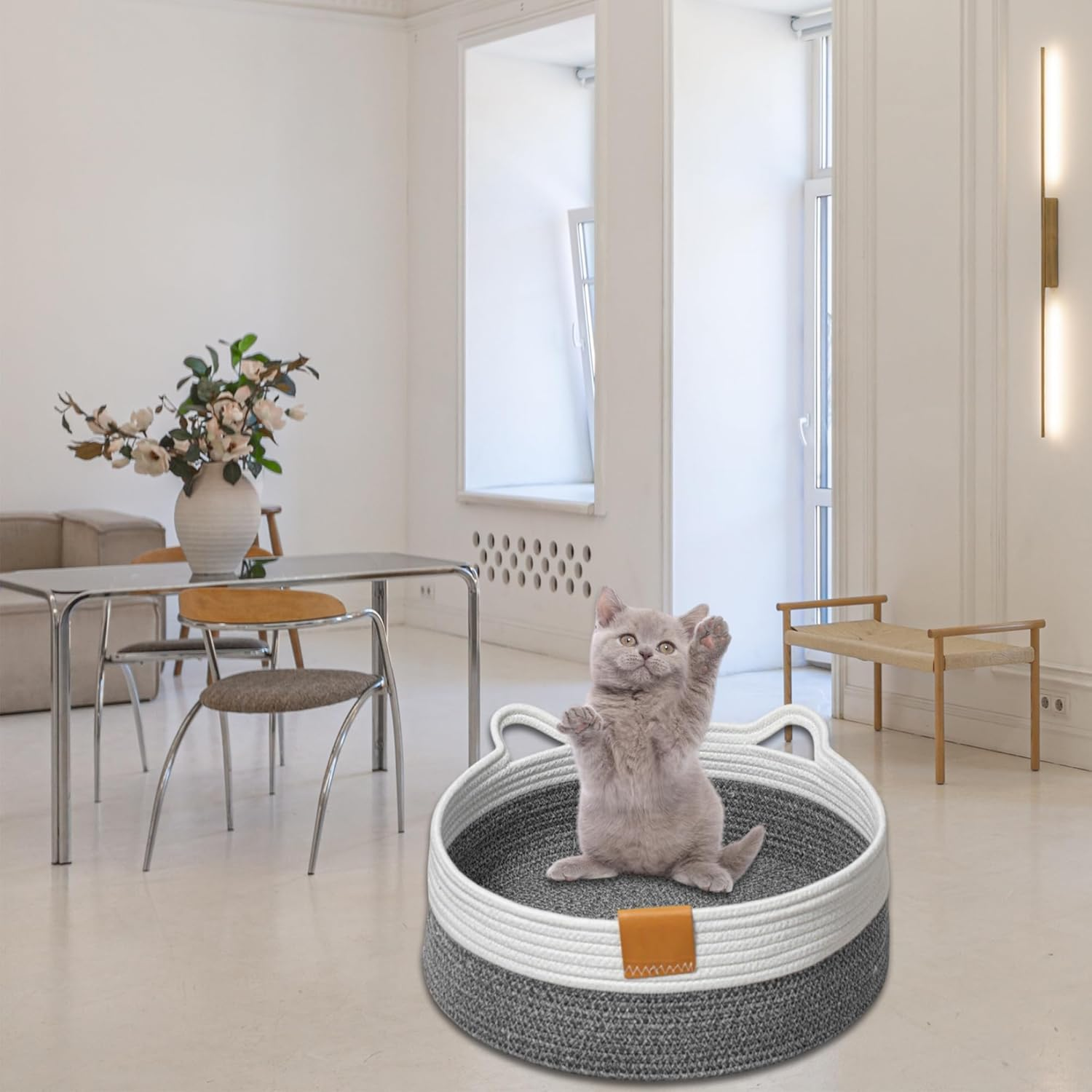 CAPASTEC Woven Cat Bed, 50 Cm Diameter, Foldable Basket Nesting Site, Breathable Pet Lounger, Claw Abrasion-Resistant Universal Kitten Bed, Deep Grey