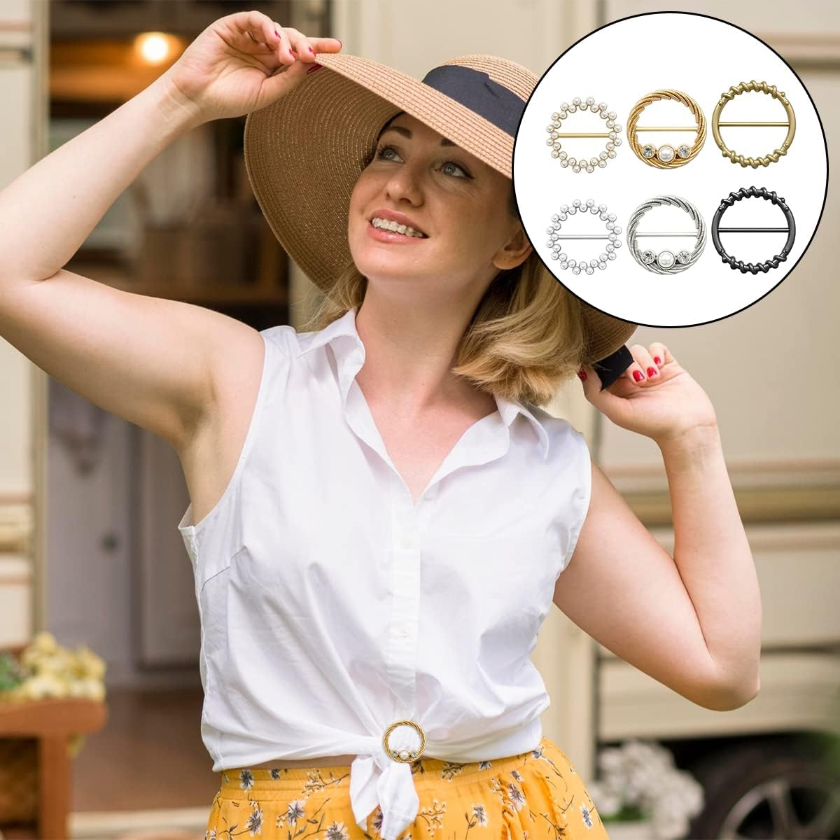 BEZANU Silk Scarf Ring Clip, 6 PCS round Metal T-Shirt Clip Buckle for Scarf, Tie, Hat, Belt Decor (6 Kind) image number 2