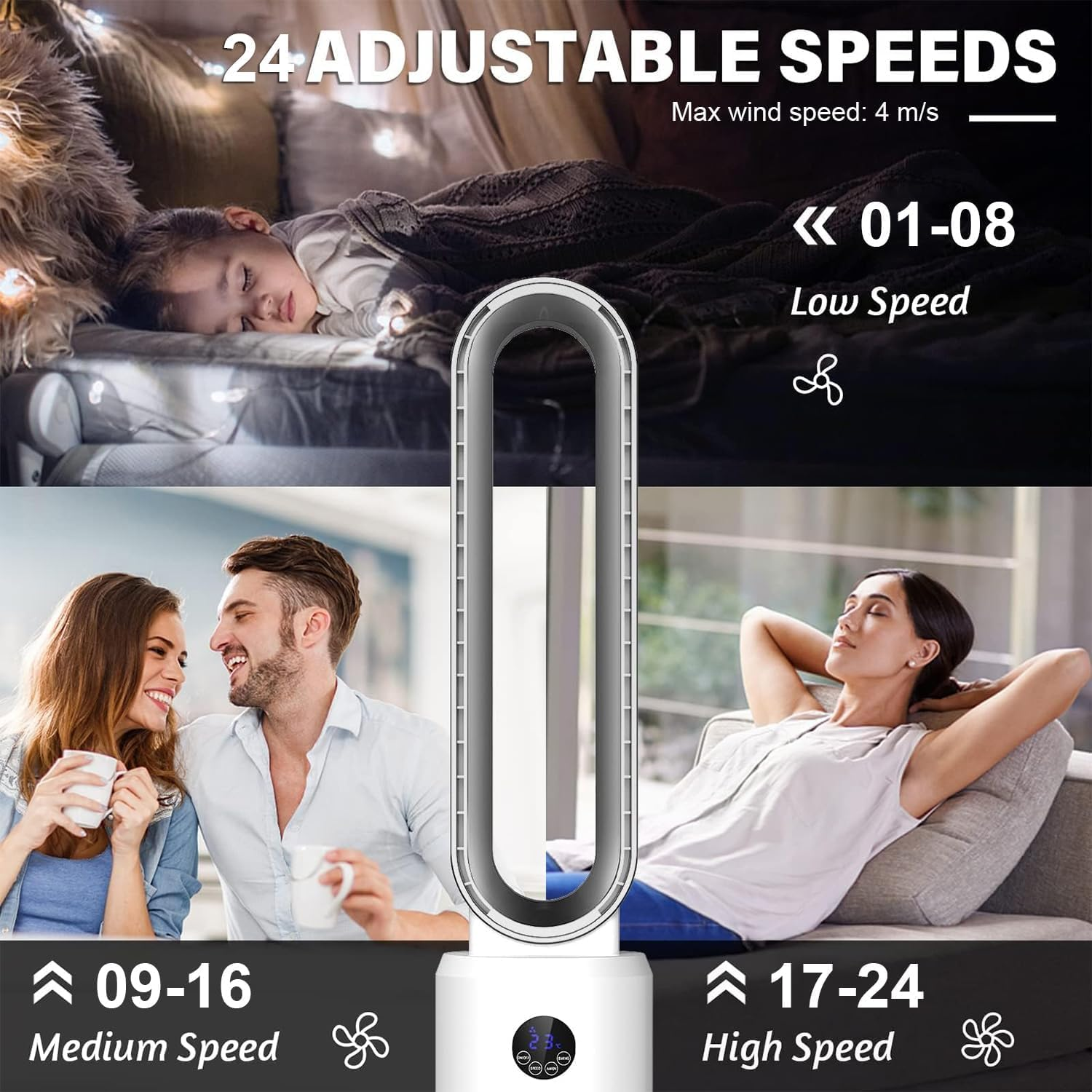 Advwin Bladeless Fan, Portable Tower Fan Electric Airflow Purifying Fan, with 24 Speeds Setting, 12H Timing, Suitable for Room, Bedroom & Office Use, White image number 2