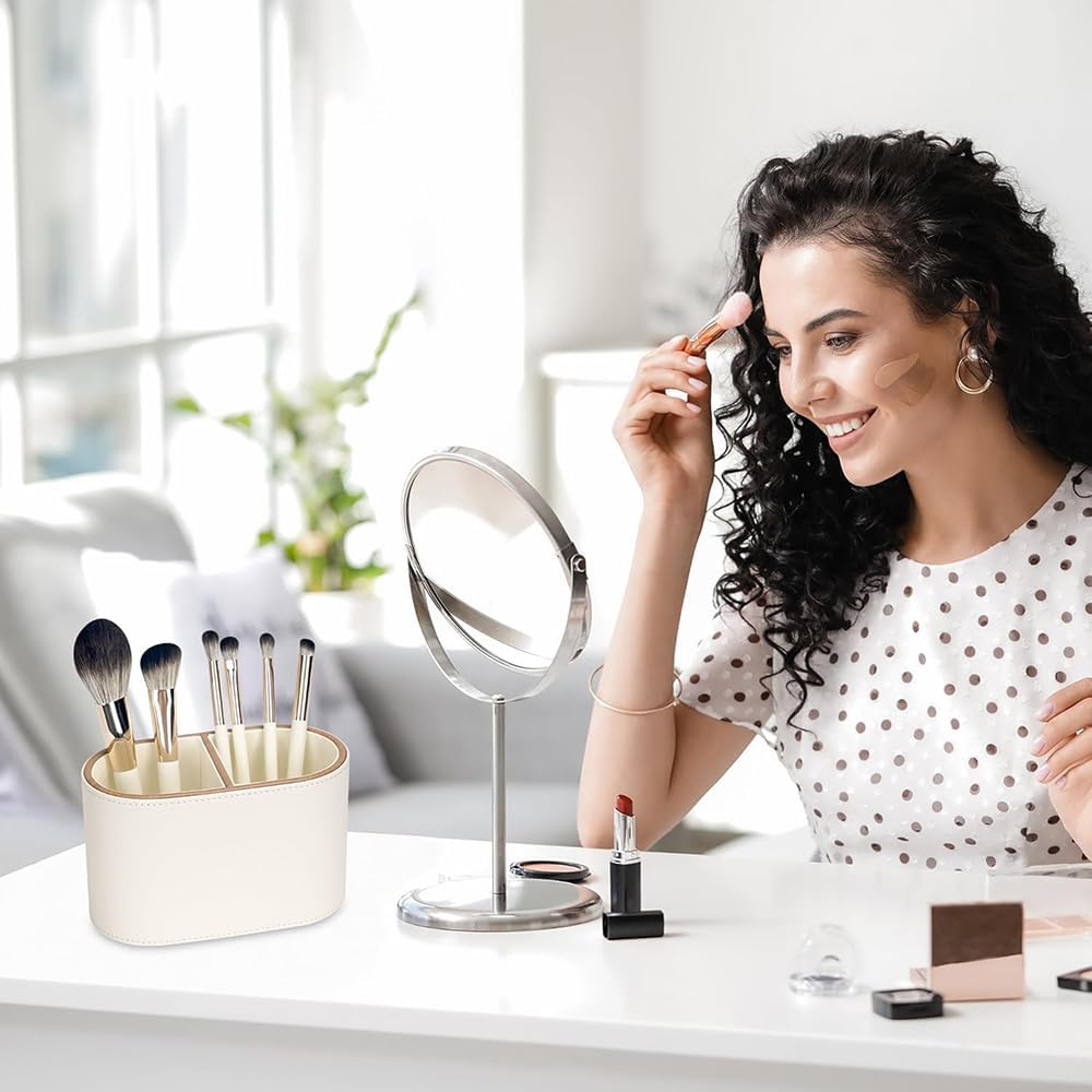 PU Leather Pen Holder for Desk,2-Compartment Pencil Cups, Multifunctional Desk Organizer for Remotes, Pens, Make-Up, Office Accessories (White) image number 2