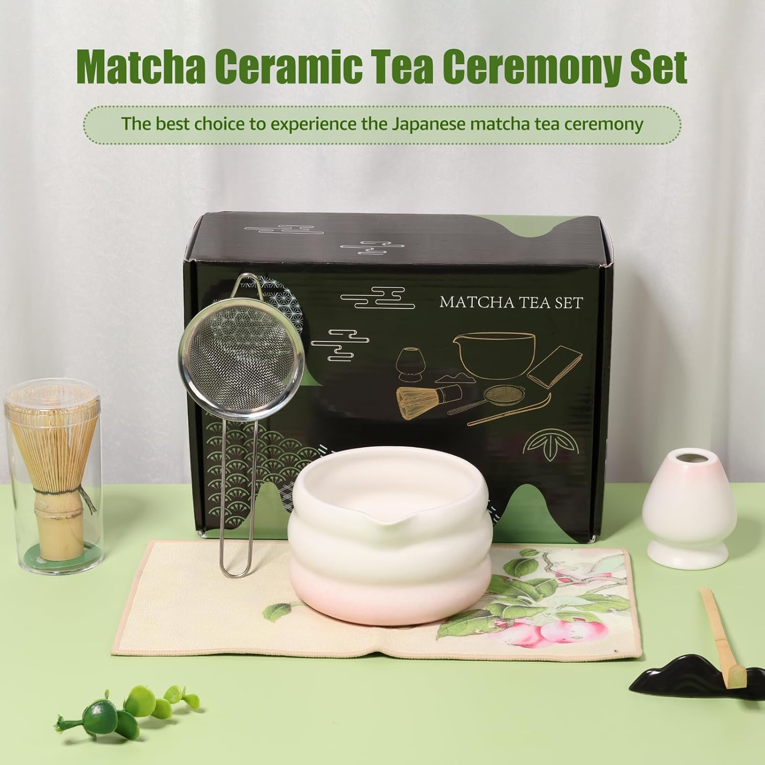 Japanese Matcha Tea Set, Easy to Use, Elegant Green Kit, Smooth Help Relaxing Japanese Tea Making Set, for Matcha Tea Ceremony Home Use (Pink) image number 3