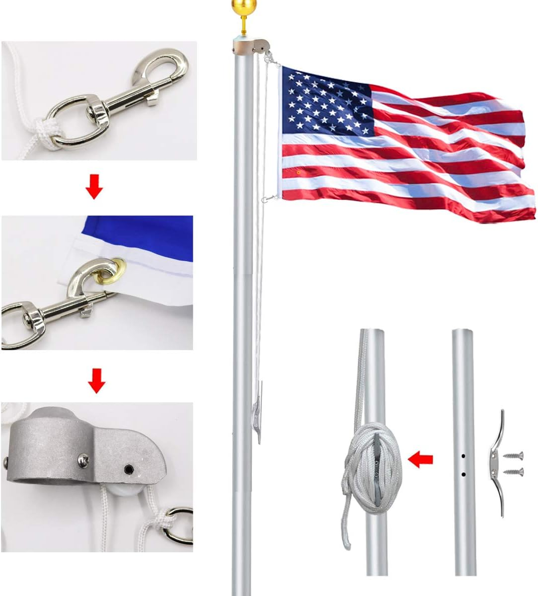 EKEV Flag Pole Hardware Parts Repair Kits - 3" Topper Gold Ball + 50 Ft Halyard Rope + 6" Cleat Hook + 4 Flag Swivel Snap Hooks + Flagpole Pulley Truck for 2" OD Tube image number 2