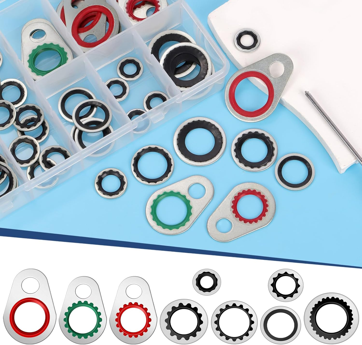 Glarks 60Pcs Air Conditioning Compressor Port Seal Washer Kit, BC-6004 BC-6005 BC-6001 BC-6003 BC-6002 BC-6003A BC-6010 BC-1700219 BC-6009 AC Port Seal Washer Kit, A/C Compressor Seal Washers Kit image number 3