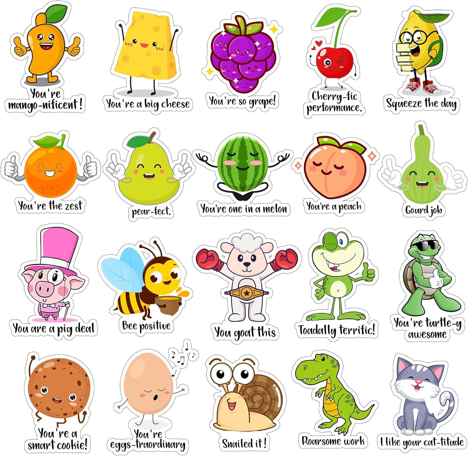 600 Pieces Fun Teacher Stickers for Kids Reward Punny Motivational Sticker Positive Pun Cartoon Animal Fruit Stickers Cute Incentives for Kids Teacher Classroom School