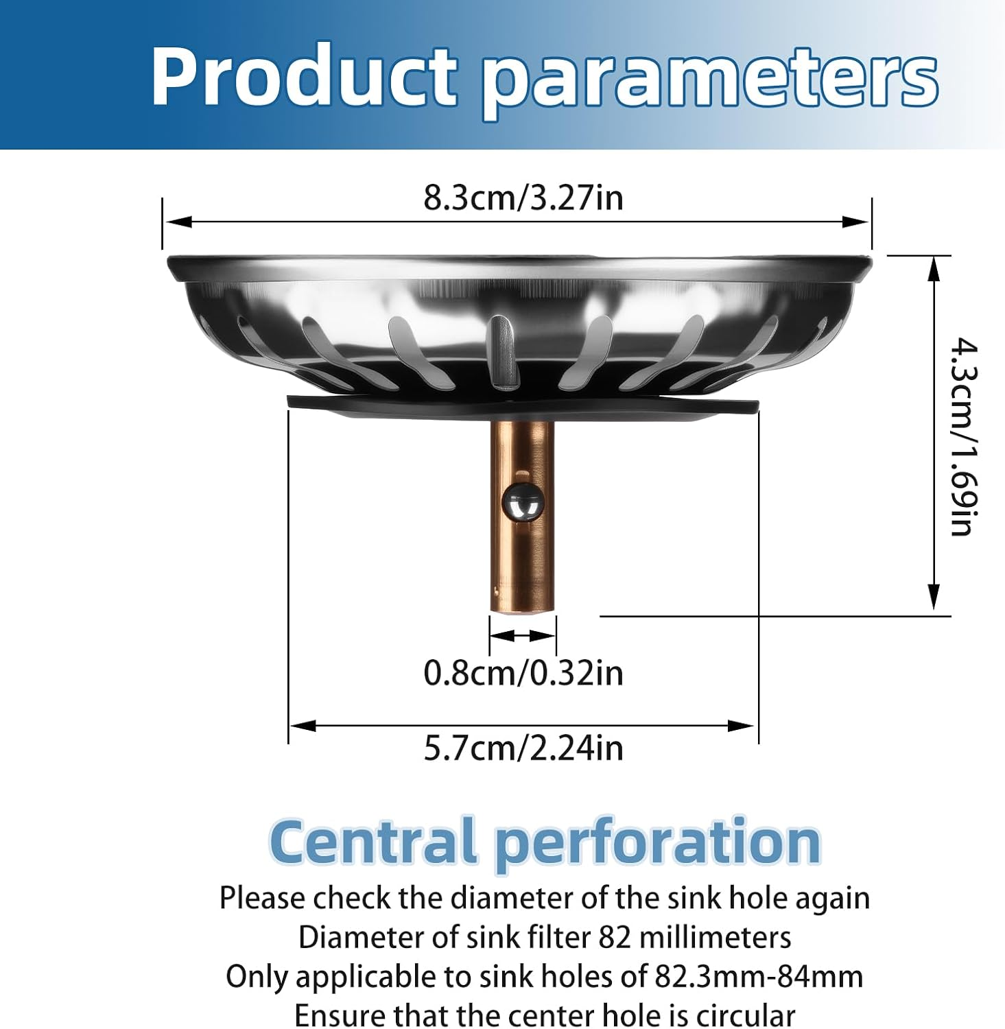 Sink Strainer Plug 304 Stainless Steel, Kitchen Waste Sink Plugger with Rubber Basket Filter & 20 Large Holes, Drain Filter Stopper Combo for Kitchen Bathroom Indoor Outdoor Use (2 Pcs, 82Mm) image number 3