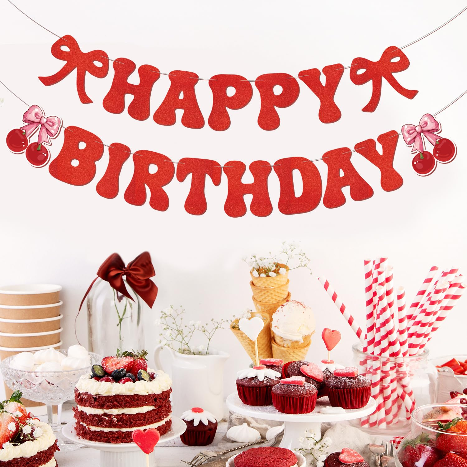 Cherry Birthday Banner - Funny Fruit Theme Happy Birthday Sign, 1St Bday Bridal Shower Banner, Birthday Party Decorations Red Glitter image number 1