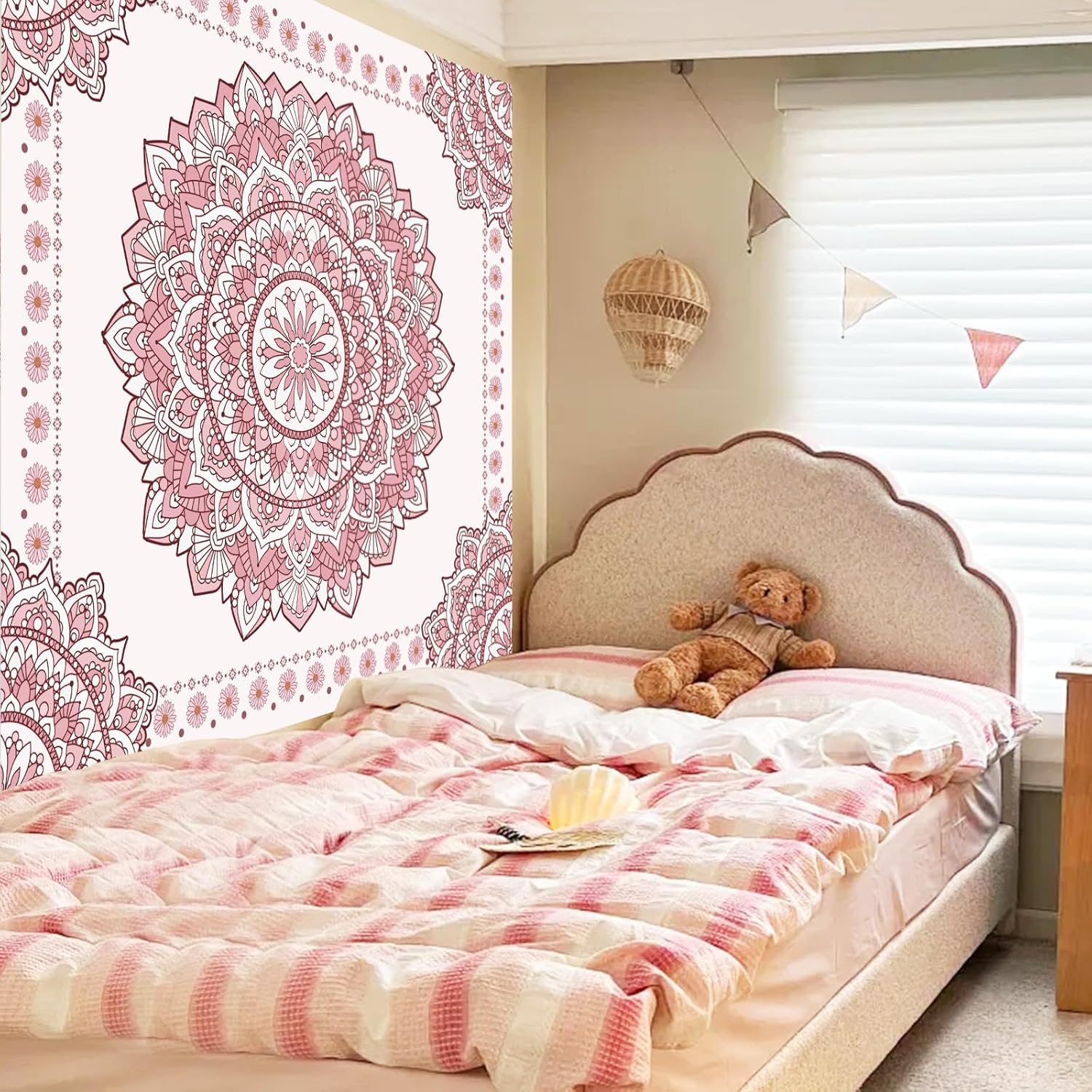 Boho Pink Mandala Wall Tapestry for Bedroom, White and Pink Aesthetic Tapestry Room Decor for Teen Girls, Art Floral Wall Hanging for College Dorm (51''X60'') image number 5