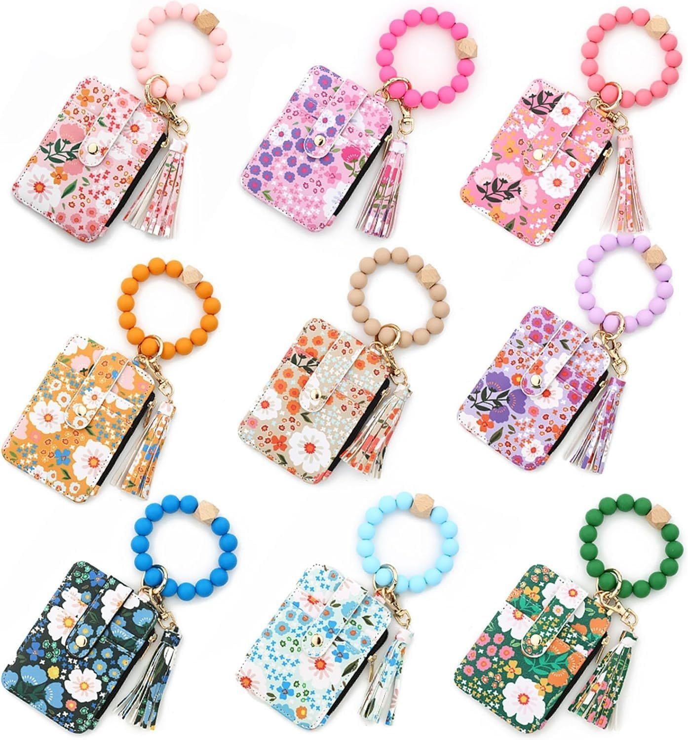 Bohemian Style Wristlet Wallet Keychain for Women, Floral Print Card Holder with Beaded Bracelet & Tassel, Leather Purse