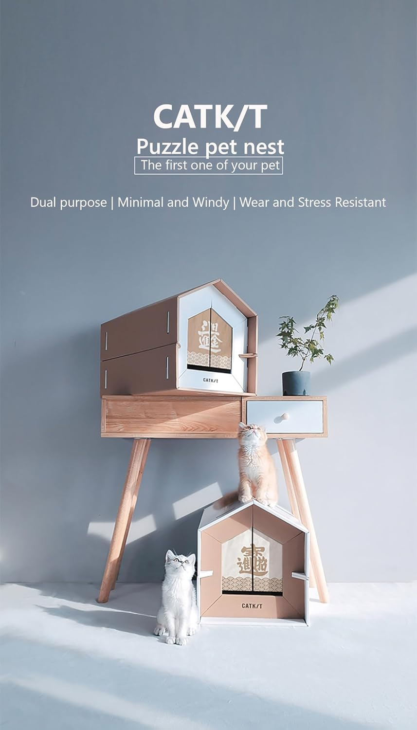 Multi-Functional Japanese-Style Pet Cat Villa Scratcher Claw Grinder Paper House (White Wall Yellow Door White Curtain) image number 2