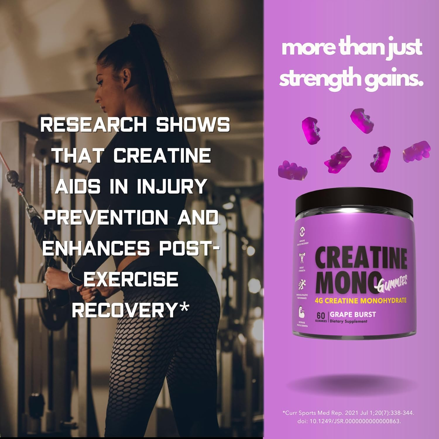 Creatine Monohydrate Gummies for Muscle Endurance, Growth and Power | Convenient Pre-Workout Supplement Grape Flavour, 4000Mg per Serve, 60 Pieces, 30 Serves - the Gummy Lab image number 1