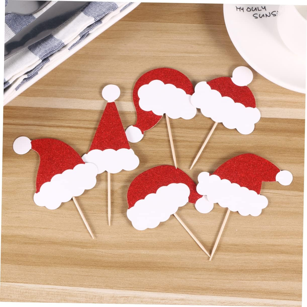 24Pcs Christmas Hat Toothpick Flags Cake Toppers for Food Fruit Picks Glitter Party Decorations for Christmas Table Decor Random Style