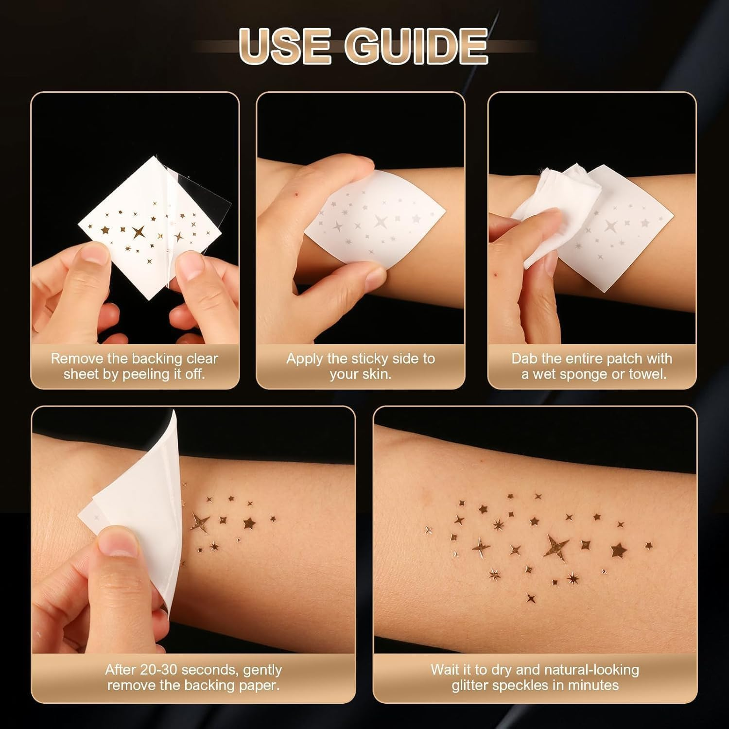 Glitter Freckles Face Tattoo, 8 Pcs Gold Holographic Sparkle Face Glitter Freckles Speckles Stickers, Waterproof Metallic Cute Star Temporary Tattoo Stickers Makeup Festival Rave Accessories image number 2