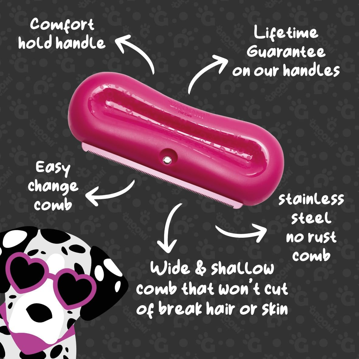 Groomi Deshedding & Grooming Brush for Dogs, Cats, Horses & Rabbits - Gentle & Effective Pet Grooming Tool, Wide Shallow Comb, Smooth Groomer for Cats, Dogs and Horses, Grooming Comb - Pink image number 6