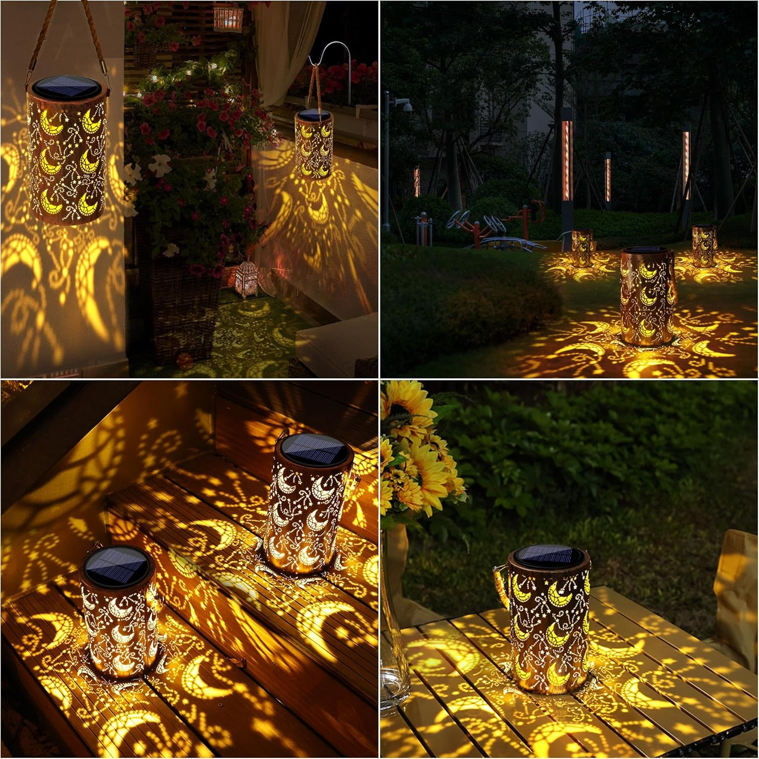 Toodour Solar Lantern Outdoor, Hanging Solar Outdoor Lights Garden Decor, Waterproof Hollow Out Retro Metal Moon Decorative Lights for Patio, Balcony, Yard, Walkway, Landscape, Outdoor Decor image number 2