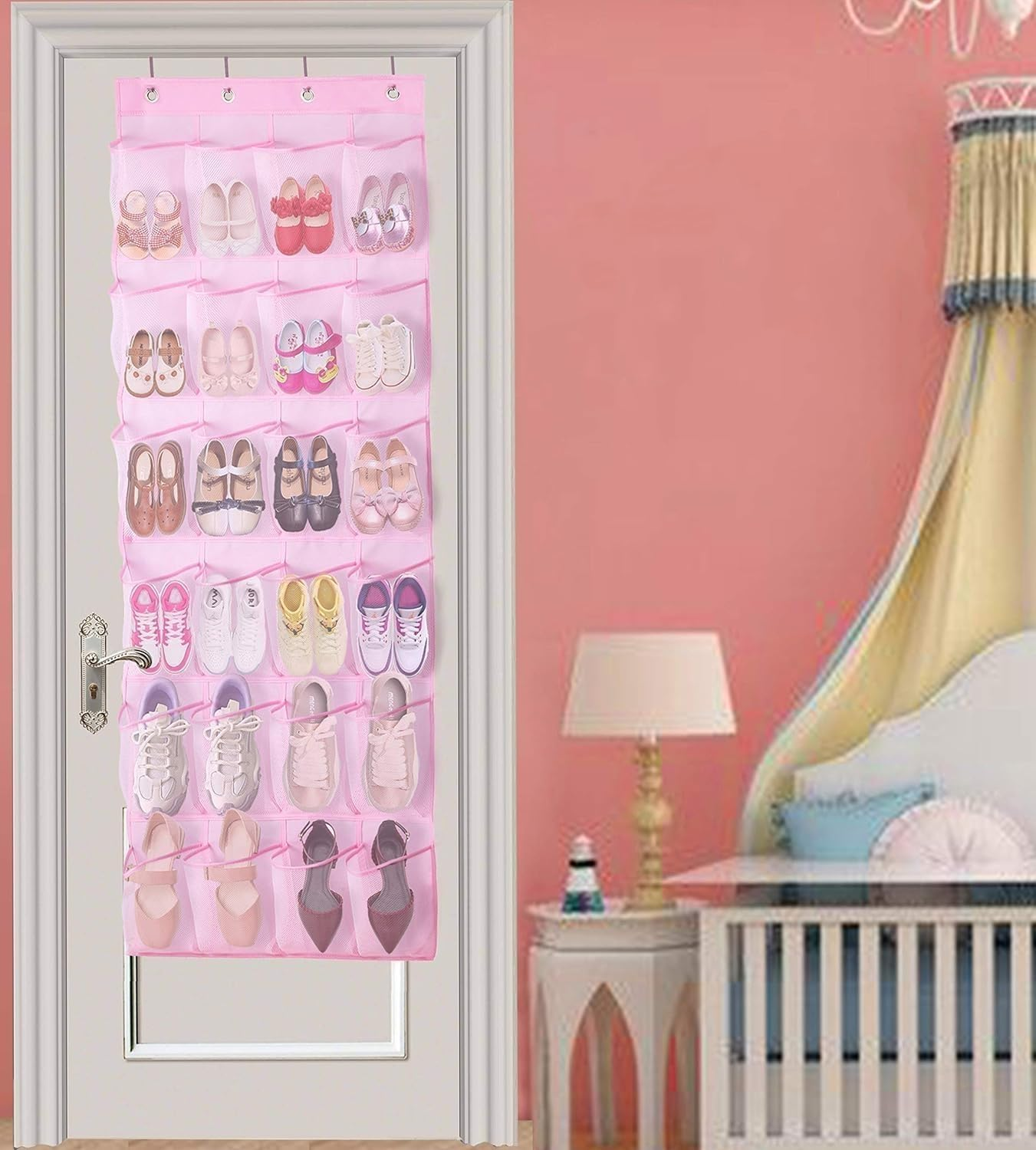 MISSLO Kids Shoe Organizer Pink Room Decor for Bedroom Door Hanging Baby Closet Storage over the Rack Breathable 24 Large Mesh Pockets for Toddler Girl - Pink image number 3