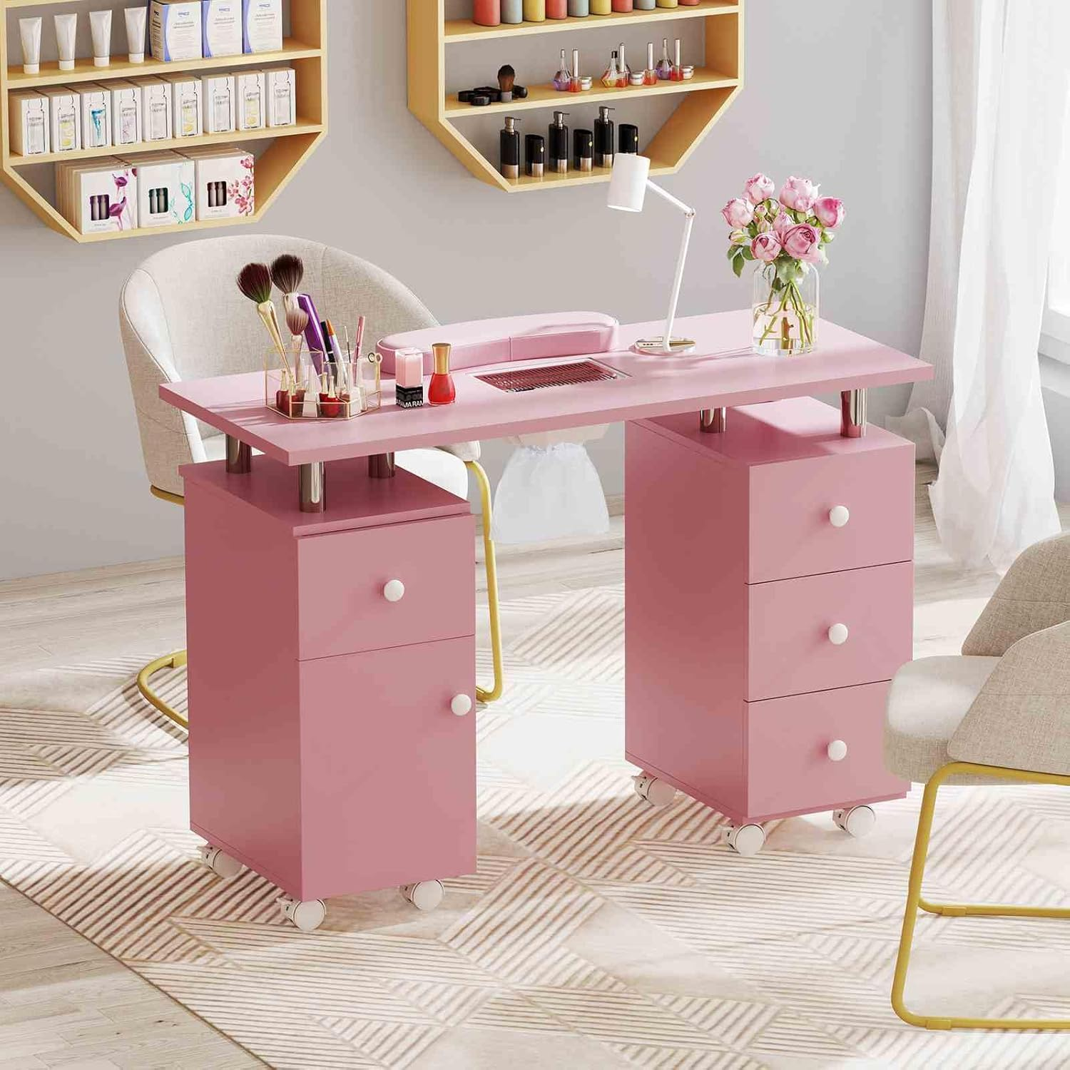 Costway Manicure Table Nail Desk W/Electric Dust Collector, 3 Dust Bags, Wrist Rest, Drawers, Movable Nail Tech Desk on 8 Lockable Wheels, Wooden Nail Art Workstation for Spa Beauty Makeup (Pink) image number 3