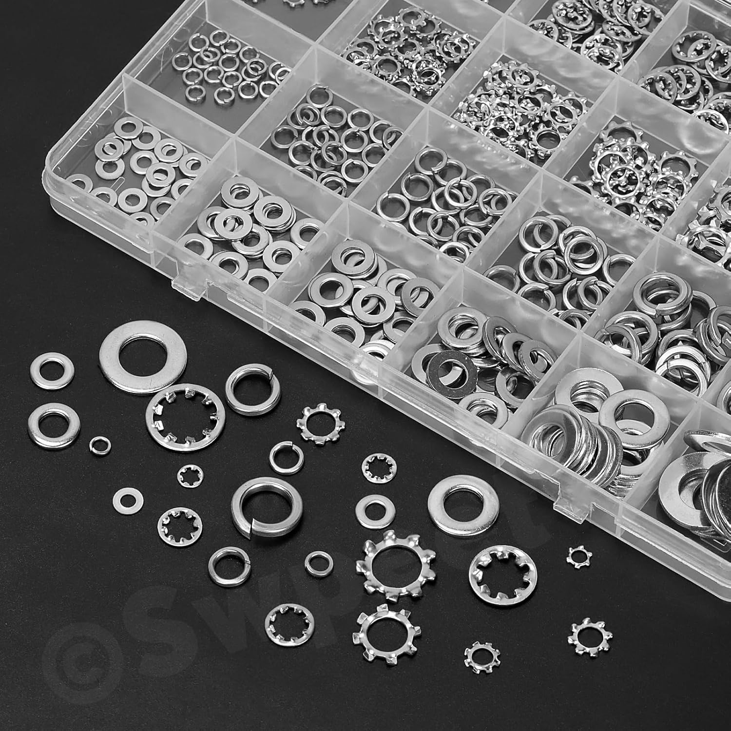 Swpeet 400Pcs 4 Styles M3 M4 M5 M6 M8 M10 Stainless Steel Lock Washers Assortment Kit, External Tooth Washers, Internal Tooth Serrated Lock/Split Lock/Flat Washer for Bolts image number 3