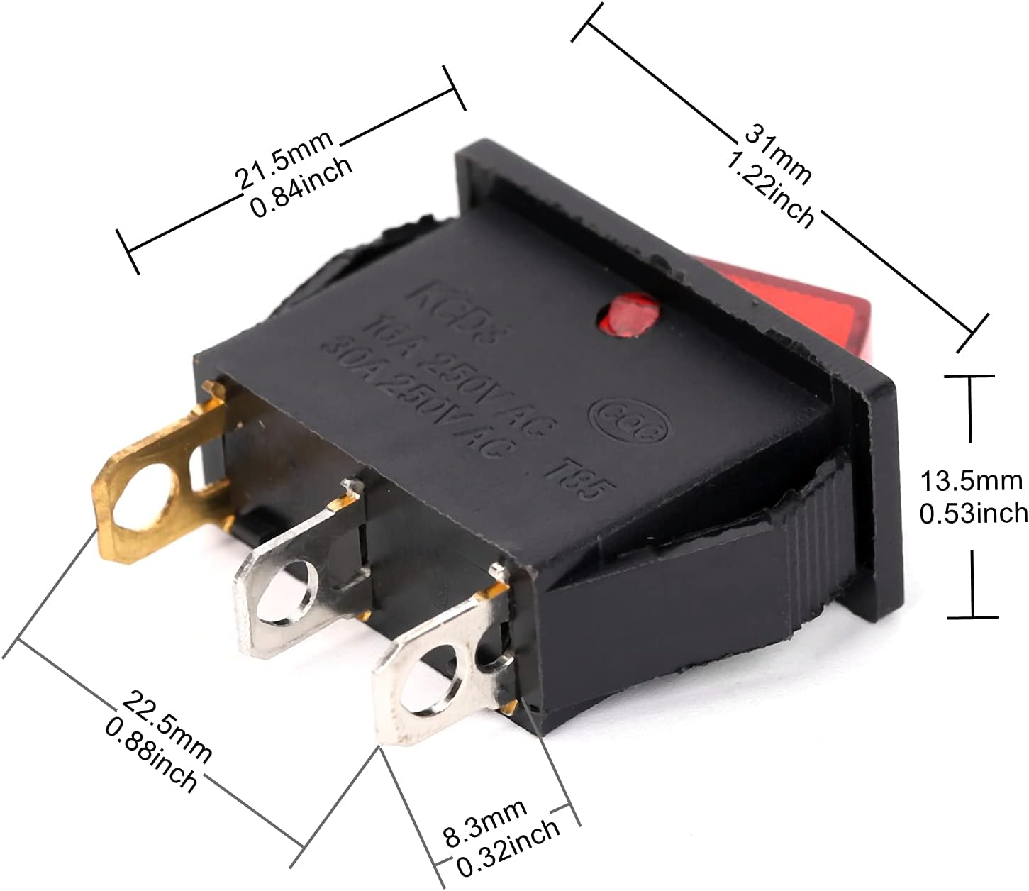 Ruimou 5Pcs AC 16A/250V 30A/250V Mini Boat Rocker Switches, SPST 3 Pin 2 Position with Red Light Rocker Switch