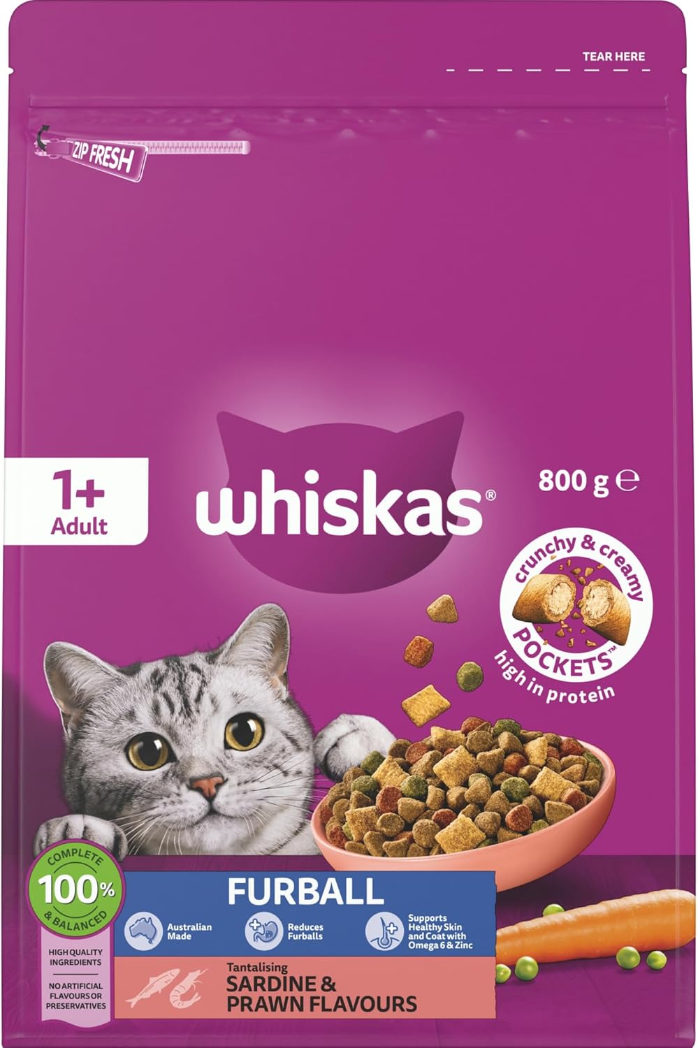 Whiskas Furball Sardine and Prawn Adult Dry Cat Food 800 G Bag, 6 Pack image number 2