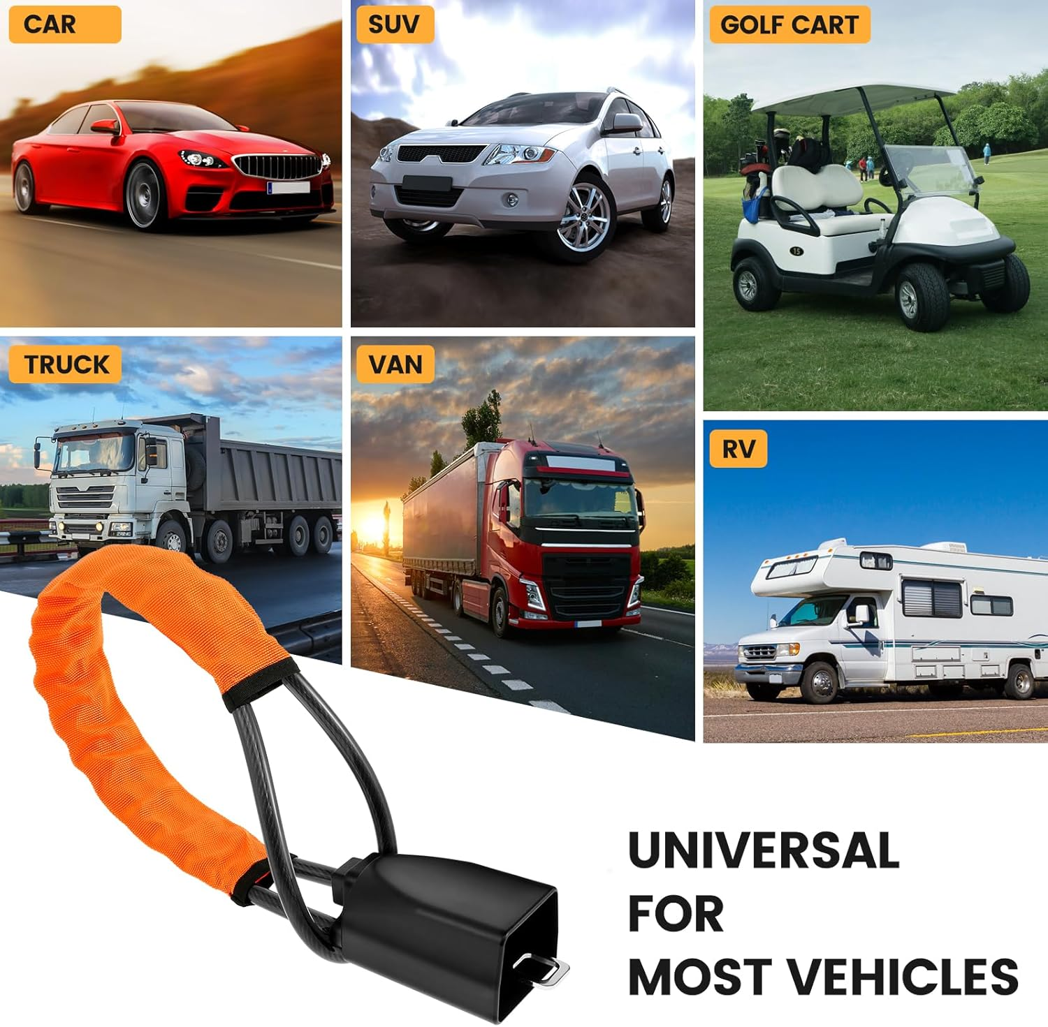 Auto Security Lock, Steering Wheel Lock Car Lock Rope with 3 Keys, Anti-Theft Car Seat Belt Lock, Orange image number 5