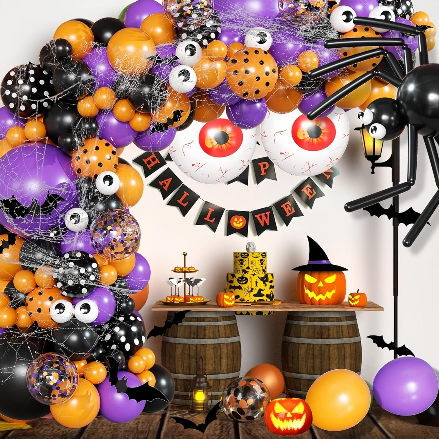 Longfng Halloween Decoration Set &ndash; Light-Up Pumpkin Lamp,128 Pcs Halloween Party Balloon Garland Arch Kit & Hand Pump for Indoor Outdoor Halloween Porch,Fireplace Funny Decor