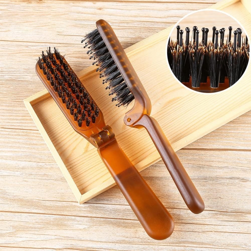 Folding Travel Hair Brush with Boar Bristles, Compact Pocket Size for All Genders and Ages, Suitable for Various Hair Types (Thin, Thick, Curly, Straight, Wet, Dry), Portable Amber Comb (Amber) image number 3