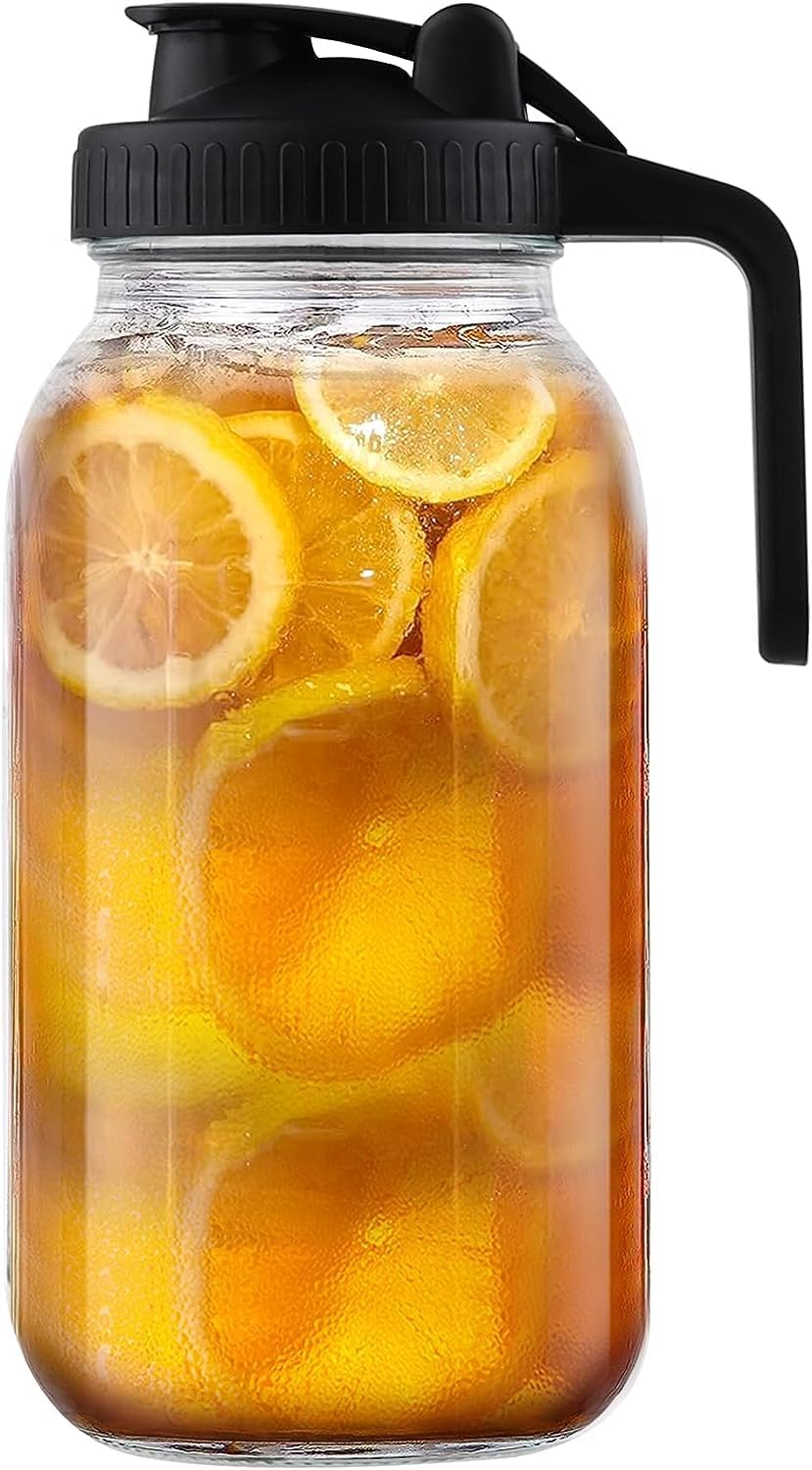 64Oz Wide Mouth Mason Jars Glass Pitcher, 2 Quart Mason Jar Pitcher with Spout, Leak-Proof Jug with Lid, Sun Tea Pitchers for outside Iced Tea, Water, Coffee, Juice, Milk and Drinks (64Oz Black) image number 2