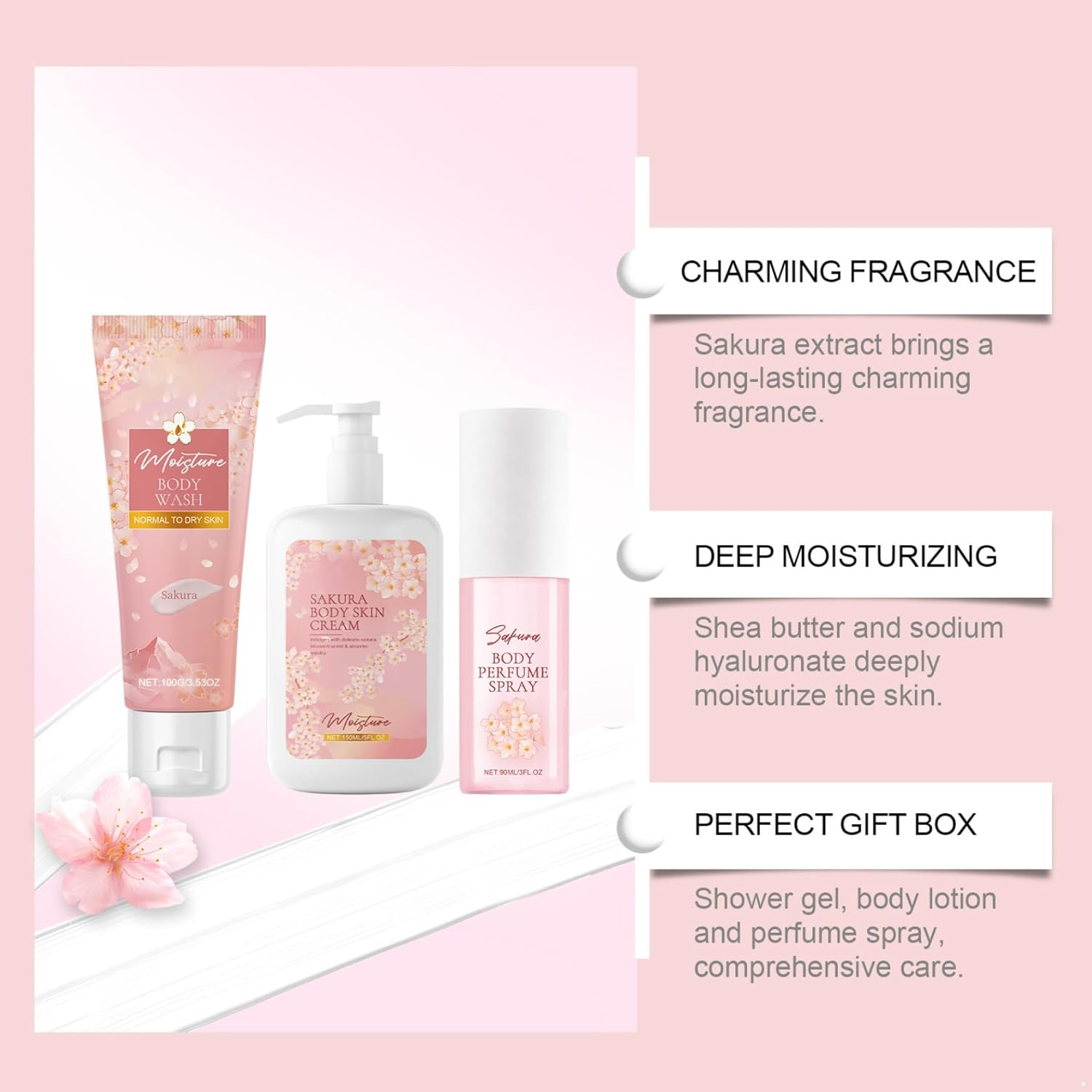 Jugaoge Refreshing Cherry Blossom Scented Body Wash Cream and Perfume Set 3 Piece Kit for Hydrated Skin Pink One Size image number 5