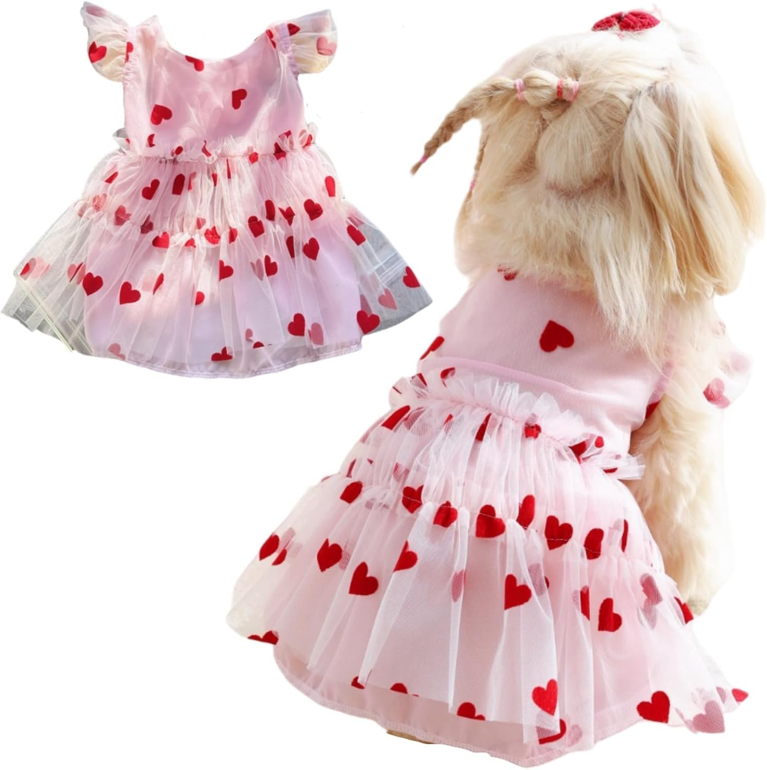 Small Dog Dresses Heart Print Dog Cat Wedding Dress Puppy Tulle Dress Doggie Tutu Skirt Cat Outfit Pet Costume for Clothes (Pink, S)