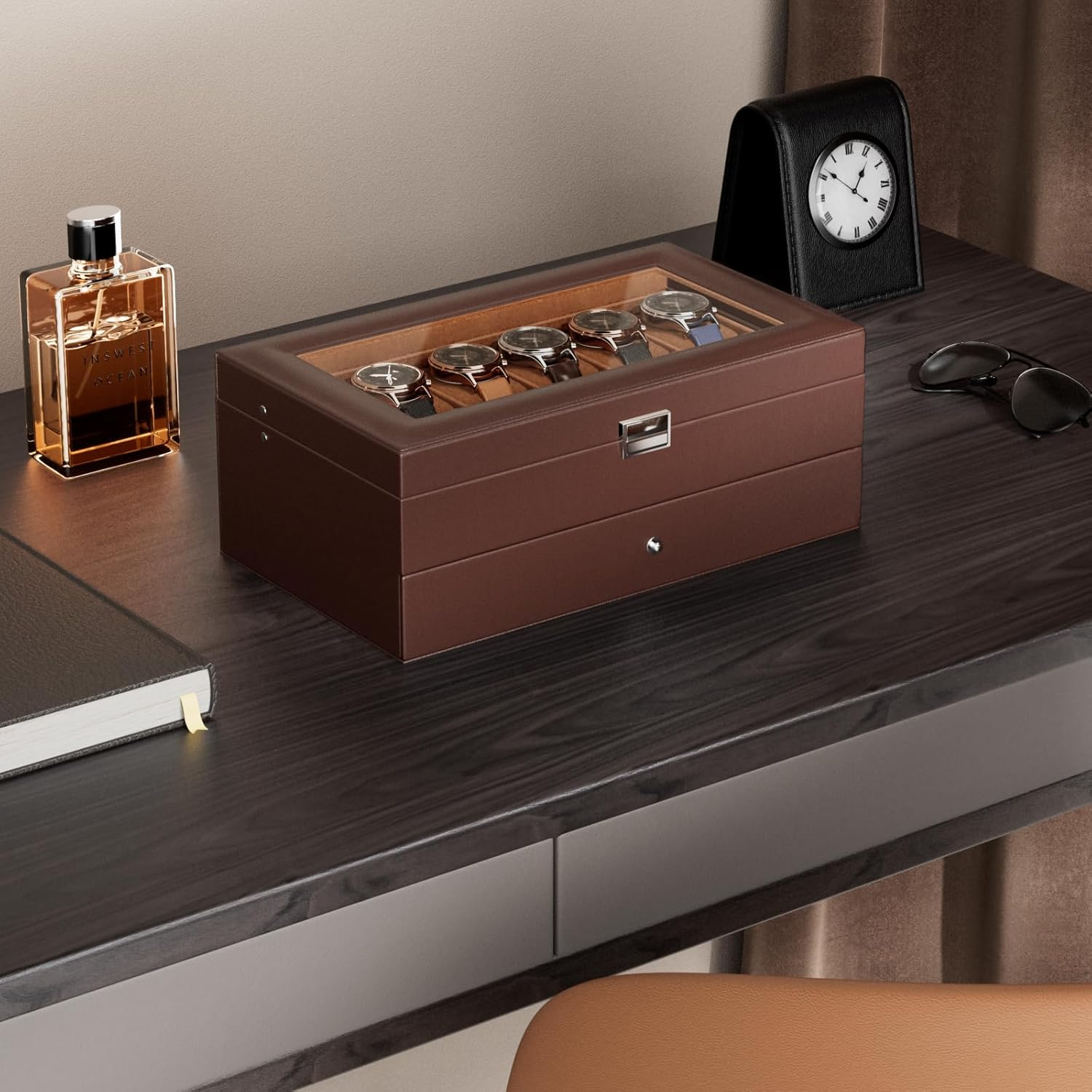 Procase Watch Box for Men, 12 Slot Mens Watch Case with Drawer, Watch Display Case with Glass Lid, 2-Layer Watch Holder Organizer, Jewelry and Watch Storage for Men Women -12Slot, Espresso image number 2