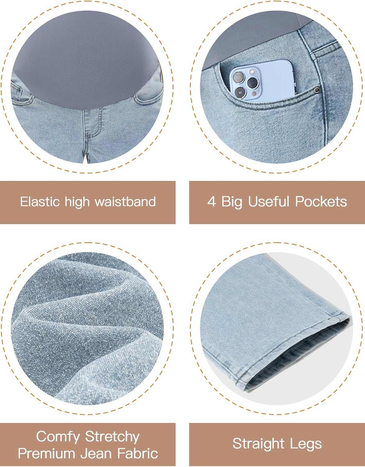 POSHGLAM Women'S Maternity Jeans over Belly Straight Leg Relaxed Fit Comfy Stretch Denim Pants image number 5