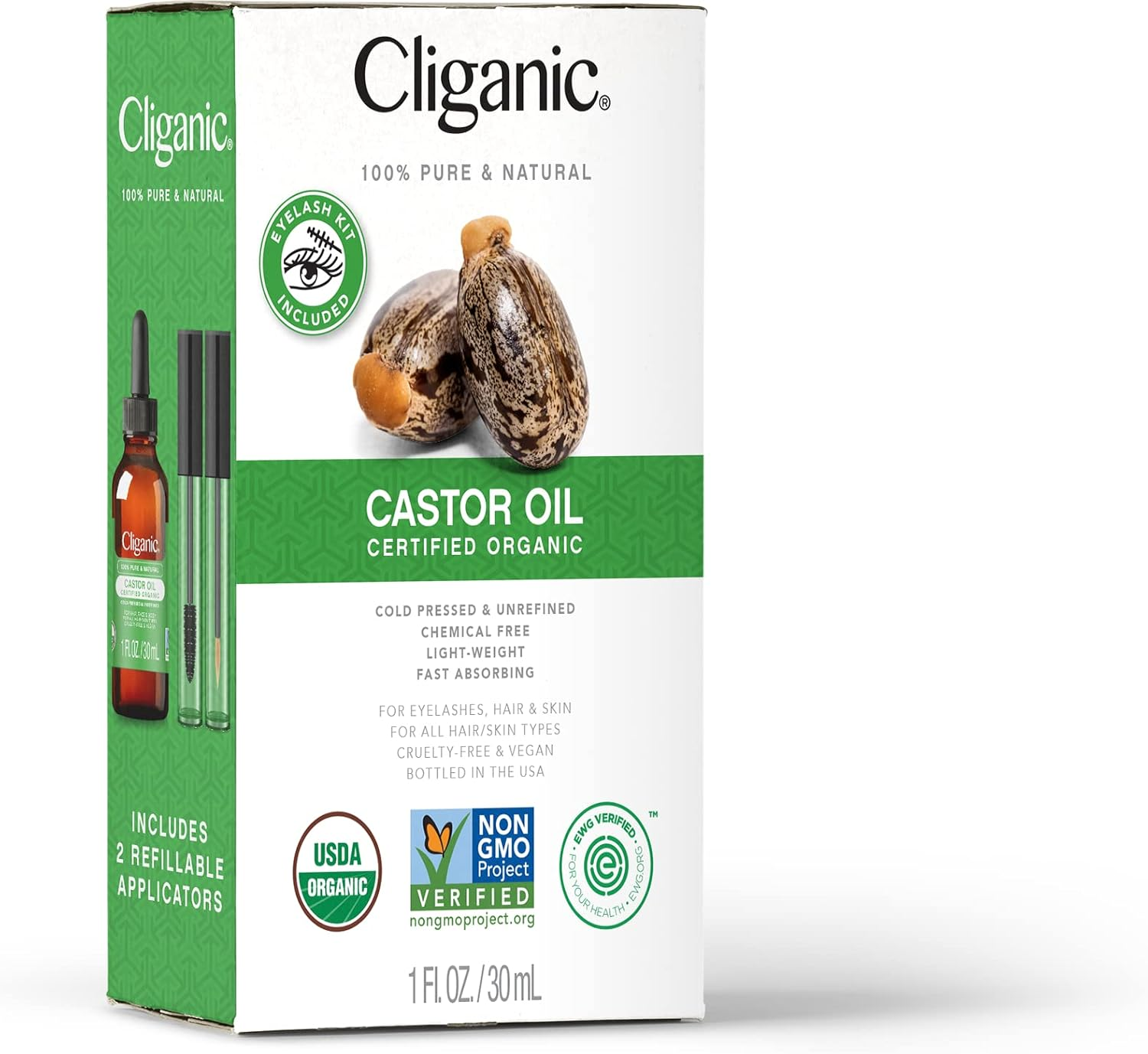Cliganic Organic Castor Oil, 100% Pure (1Oz Glass Bottle with Eyelash Kit) - for Eyelashes, Eyebrows, Hair & Skin image number 2